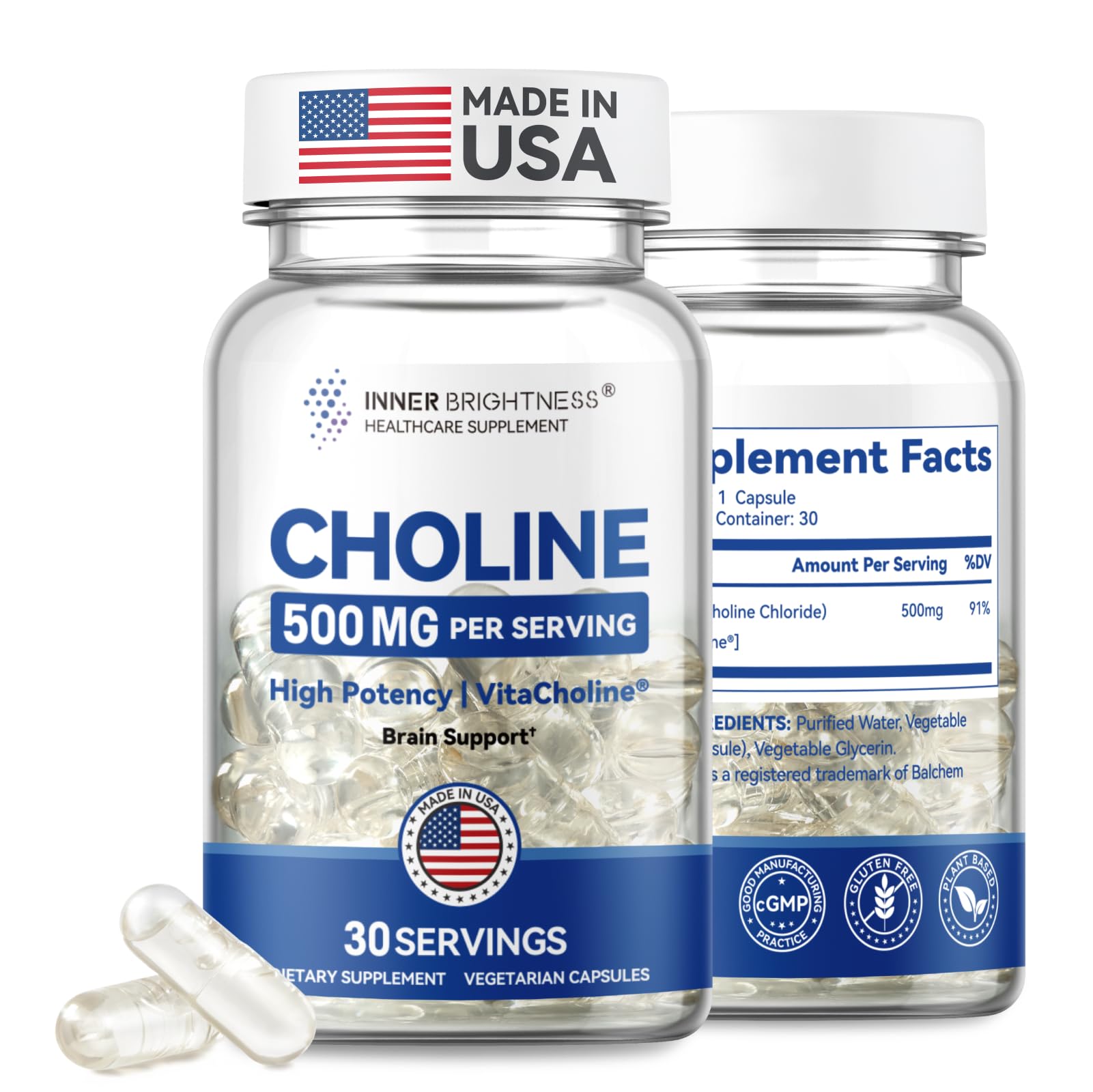 Inner Brightness prenatal choline liquid bottle showing clear dosage for focus during pregnancy.