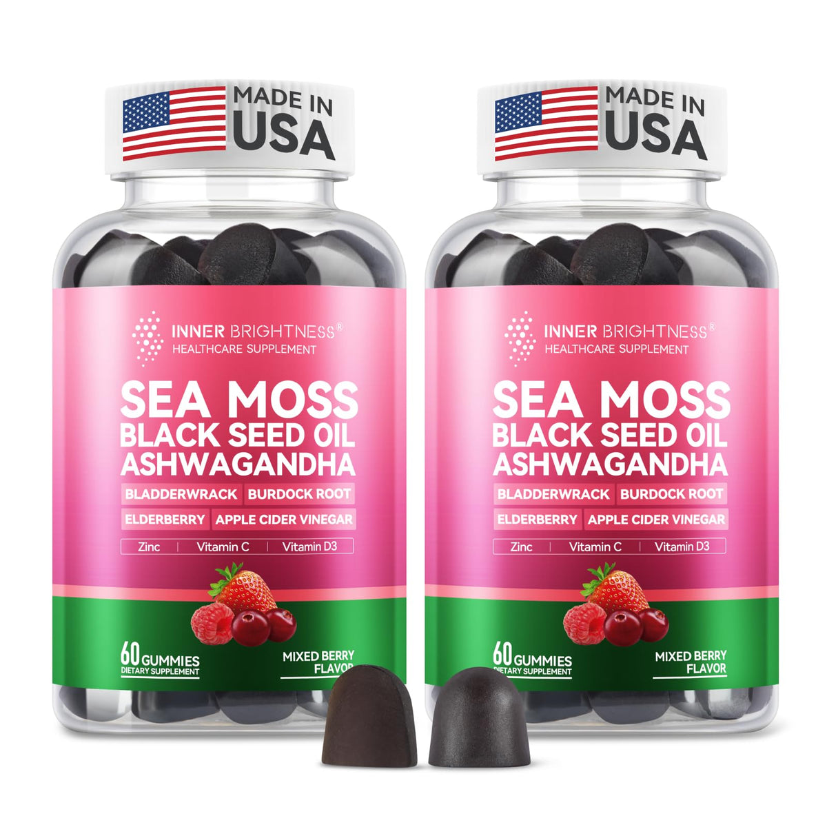 Inner Brightness Sea Moss 4000mg gummies bottle front promotes daily wellness potential