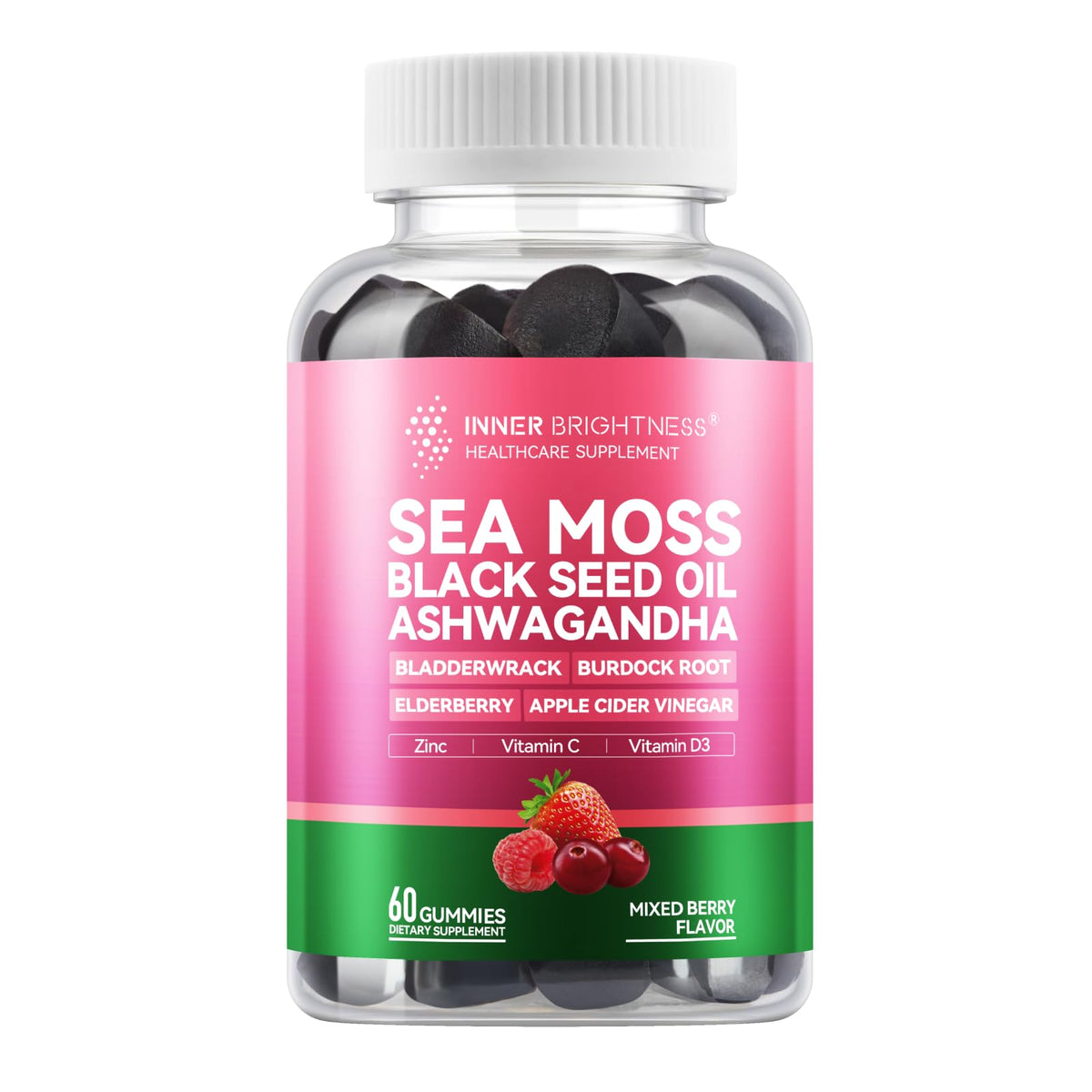 Inner Brightness Sea Moss gummies bottle with mixed berries for daily immune support.