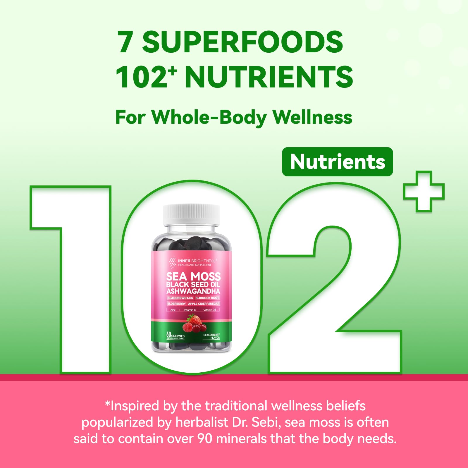 Inner Brightness Vegan gummies with plant-based ingredients for energy and gut balance.