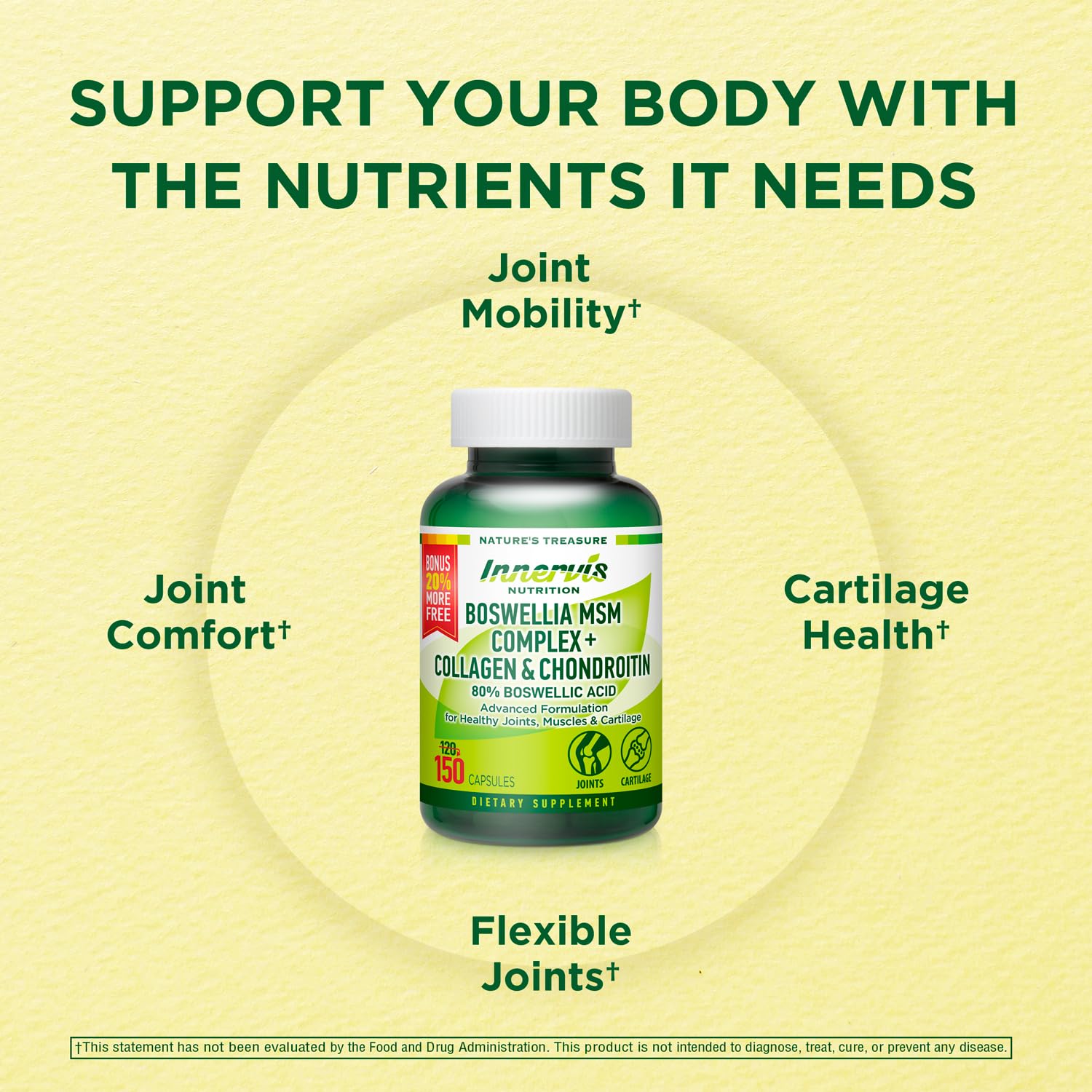 INNERVISNUTRITION Boswellia MSM Complex bottle on wooden surface.