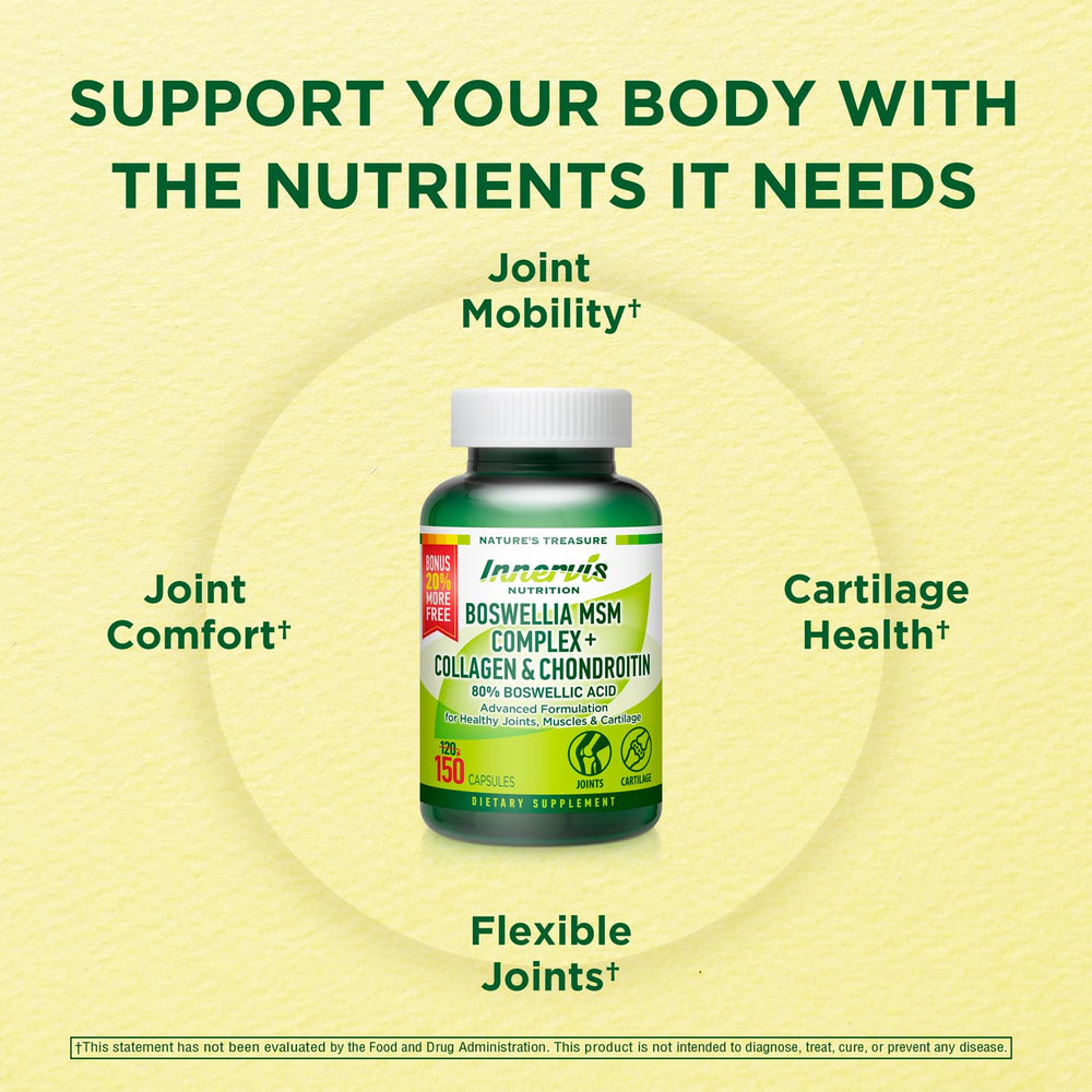 INNERVISNUTRITION Boswellia MSM Complex bottle on wooden surface.