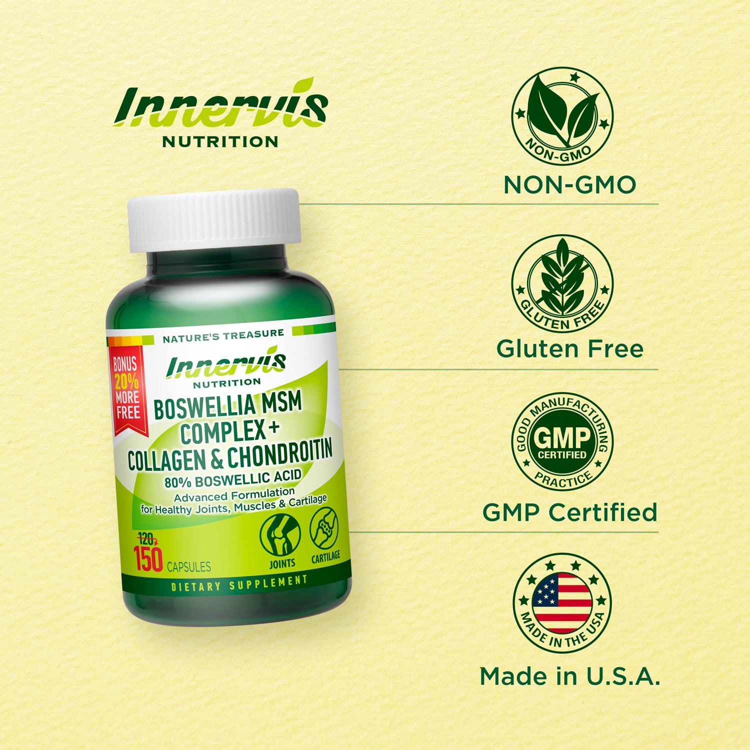 Capsules of INNERVISNUTRITION Boswellia MSM Complex viewed up close.