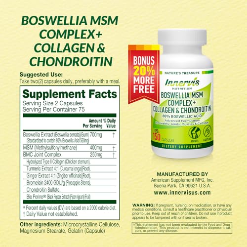 Close-up of INNERVISNUTRITION Boswellia MSM Complex capsules.