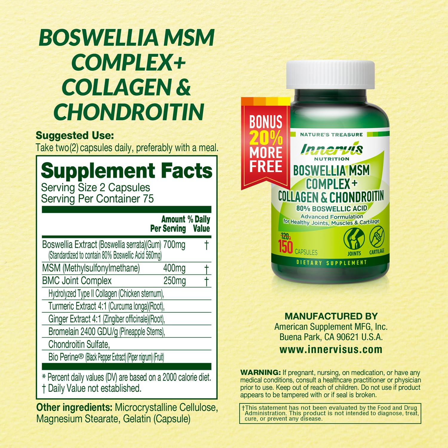 INNERVISNUTRITION Boswellia MSM Complex bottle with clean labeling.