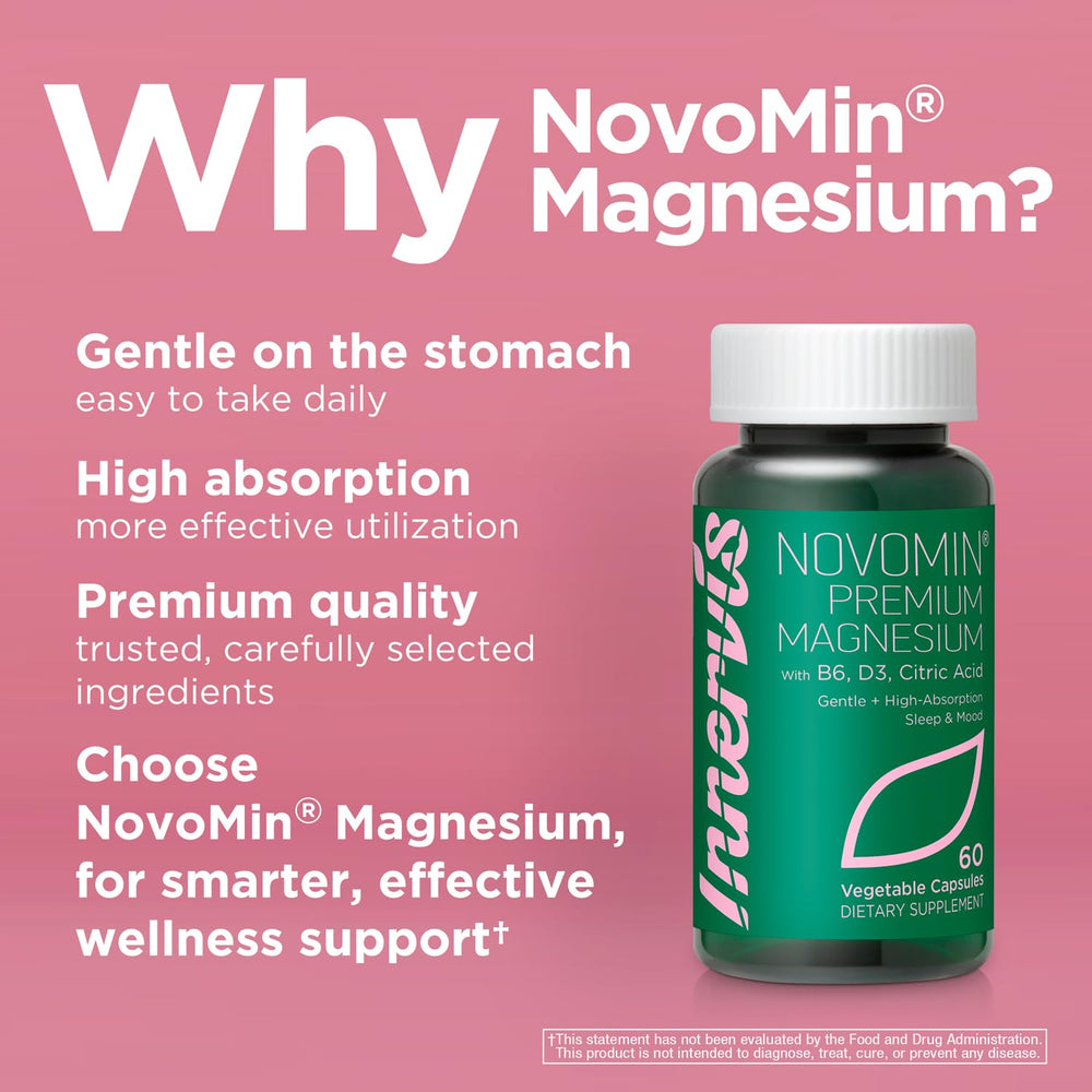 Close-up of INNERVISNUTRITION Magnesium Glycinate capsules highlighting gentle, high-absorption formula.