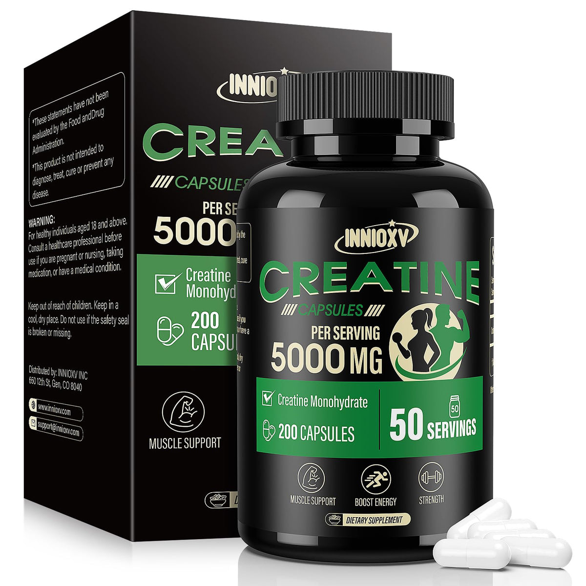 INNIOXV Creatine Capsules bottle demonstrating convenient muscle support for on‑the‑go users