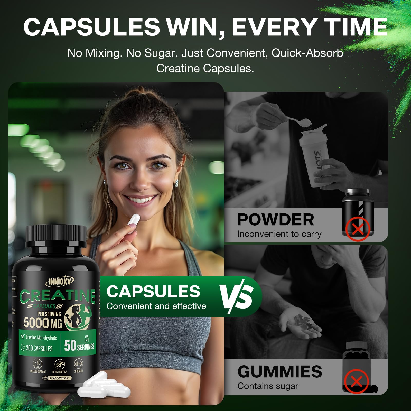 INNIOXV Creatine Capsules label highlighting purity and serving size