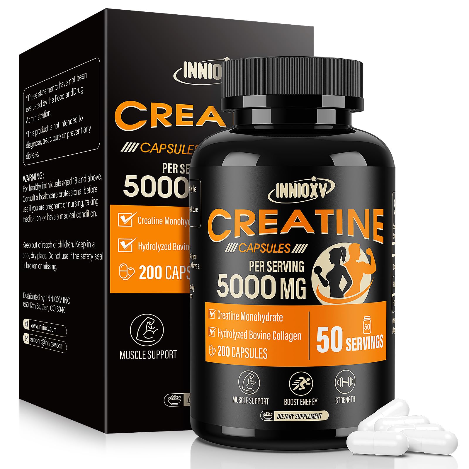 INNIOXV creatine monohydrate capsules bottle for easy daily use during high-intensity workouts.
