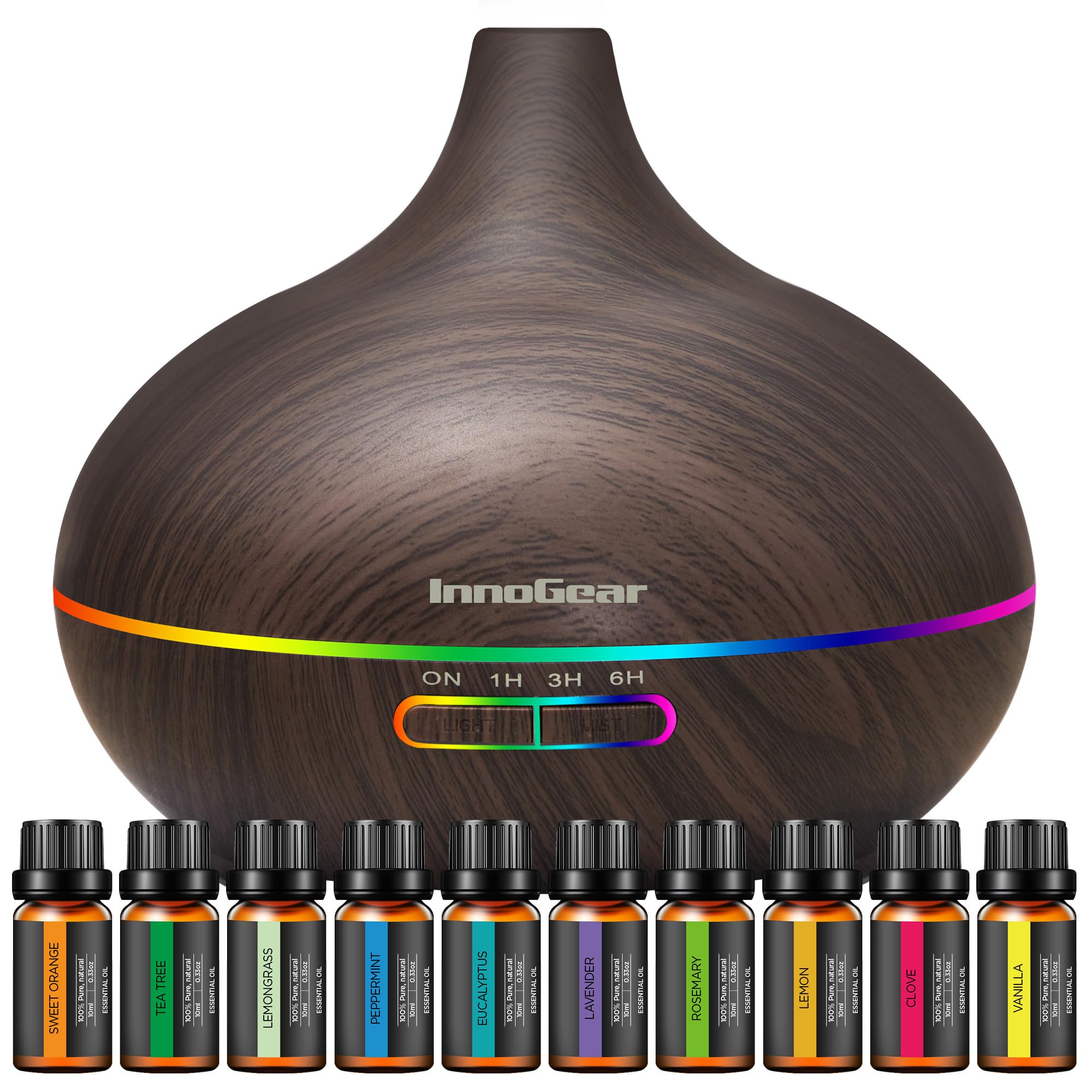 InnoGear aromatherapy diffuser 400ml dark wood fills large spaces with calming mist.
