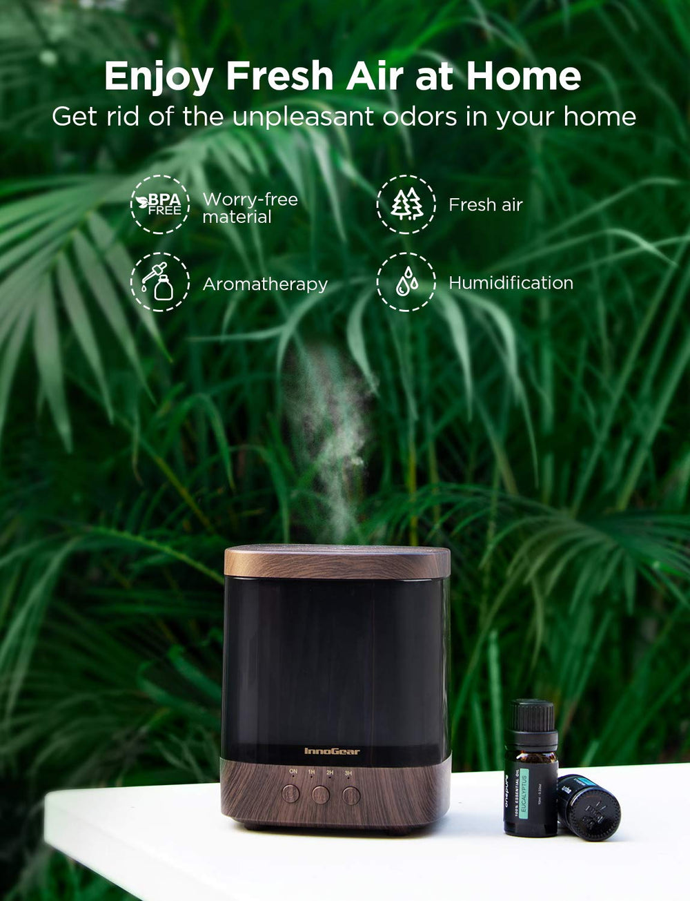 InnoGear diffuser timer display showing ON/1H/2H/3H.