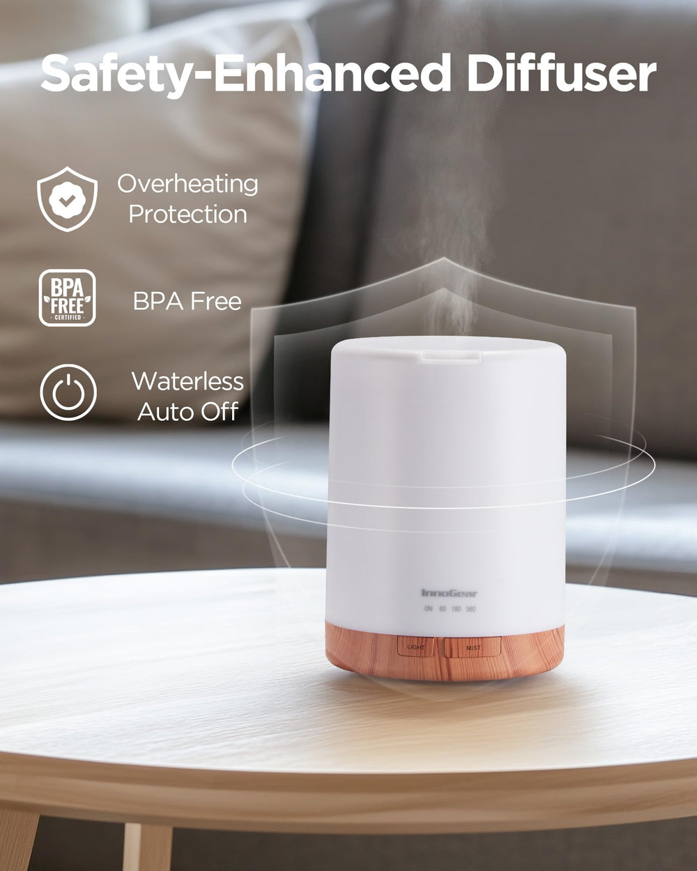 InnoGear diffuser auto-off feature ensures safe, worry-free operation.