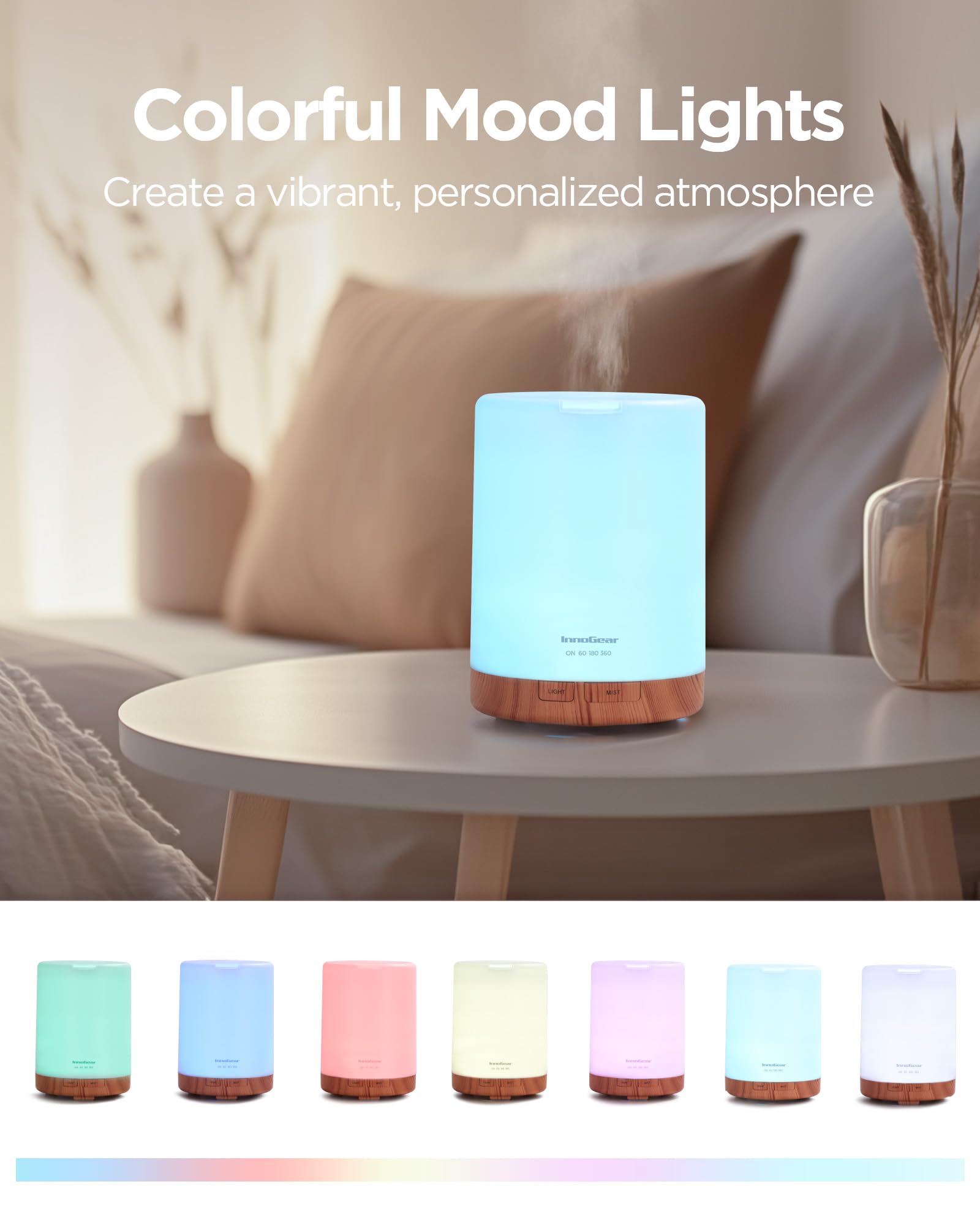 InnoGear diffuser in bedroom setup demonstrates space-saving humidification.