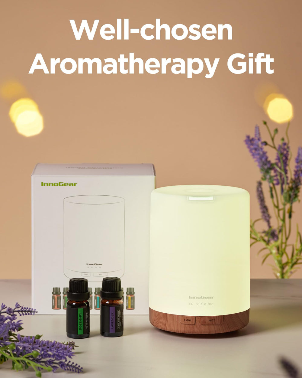 InnoGear diffuser packaging highlights a gift-ready aromatherapy set.