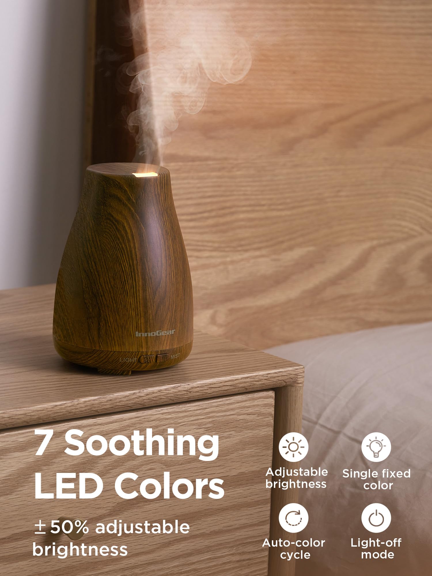 InnoGear diffuser covers medium rooms up to 250 sq ft with even aroma diffusion.