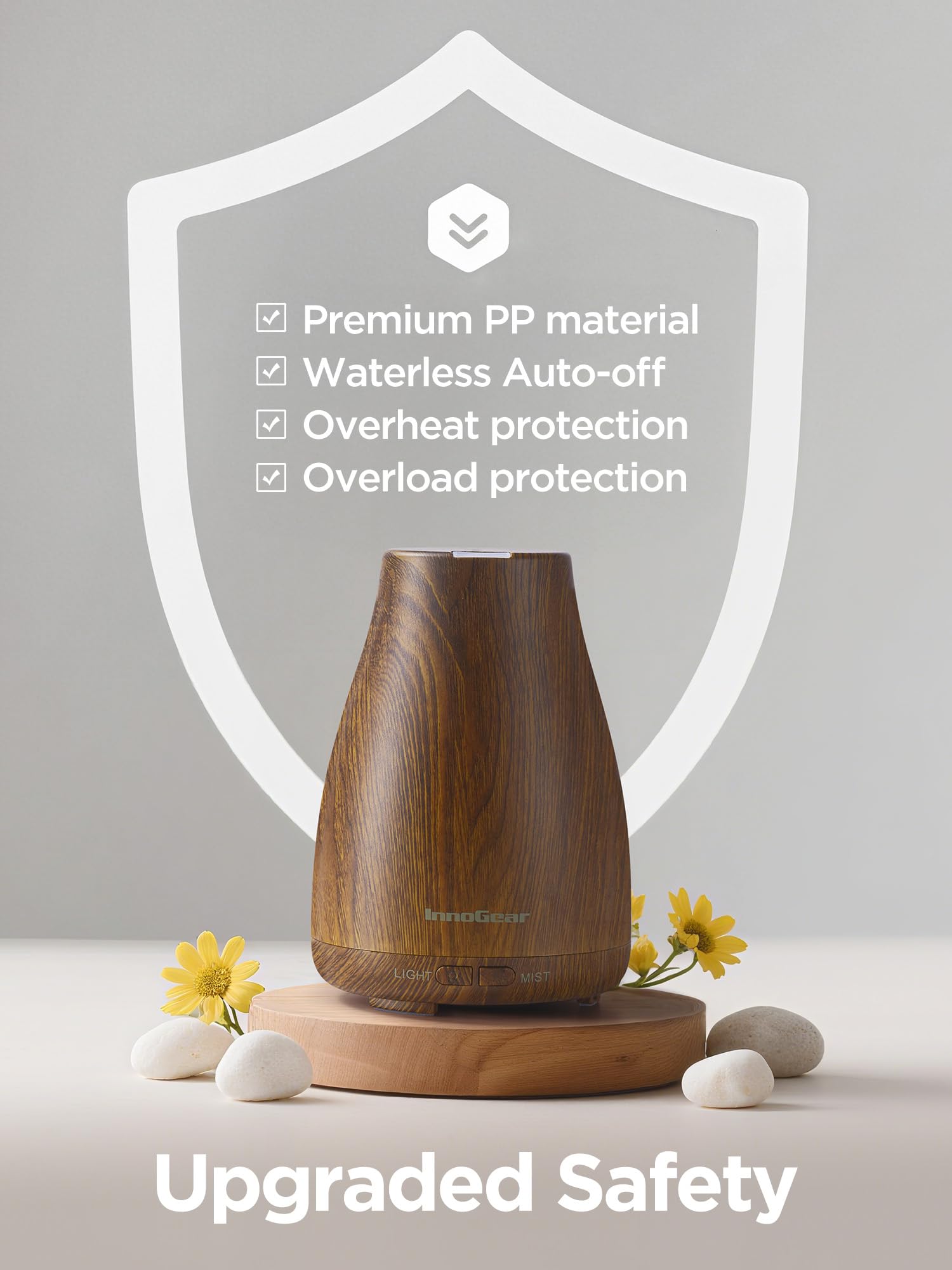 InnoGear ultrasonic diffuser delivers fine mist using premium materials.