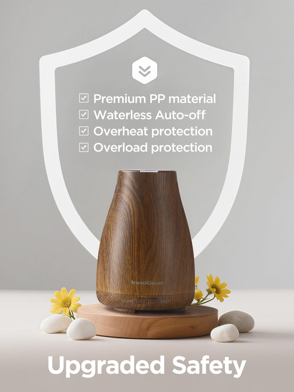 InnoGear ultrasonic diffuser delivers fine mist using premium materials.