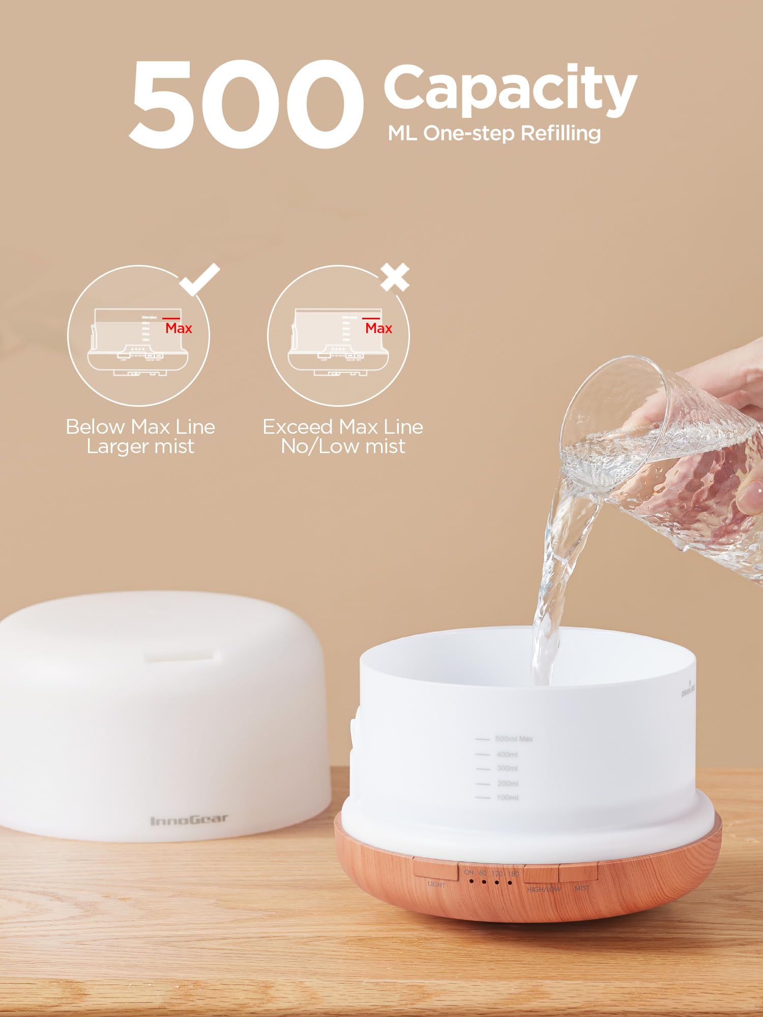 Upward mist flow demonstrates strong humidification without furniture contact.