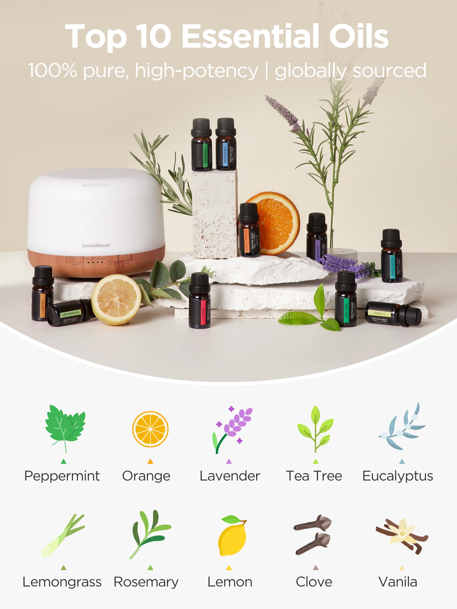 InnoGear upward mist technology diffuser delivering strong aroma without furniture dampening.
