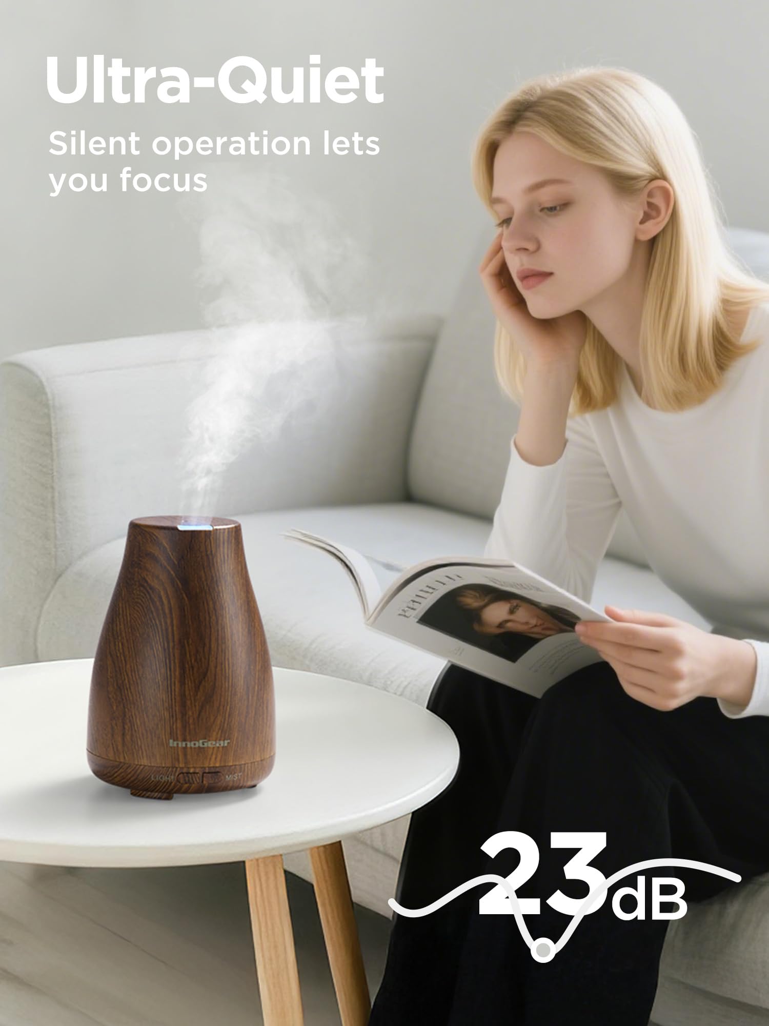 InnoGear diffuser with waterless auto-off for safe, unattended operation.