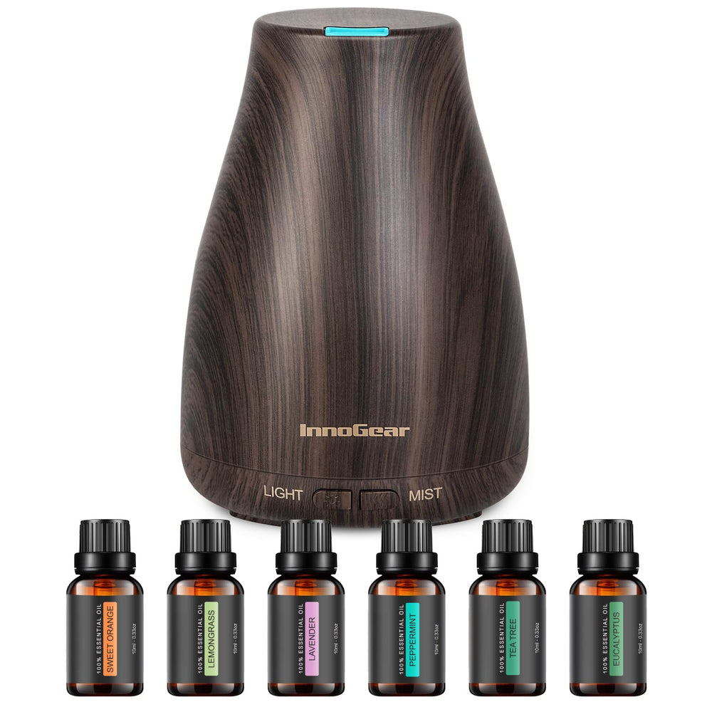 InnoGear diffuser with wood grain and ambient night light for a calming bedroom atmosphere