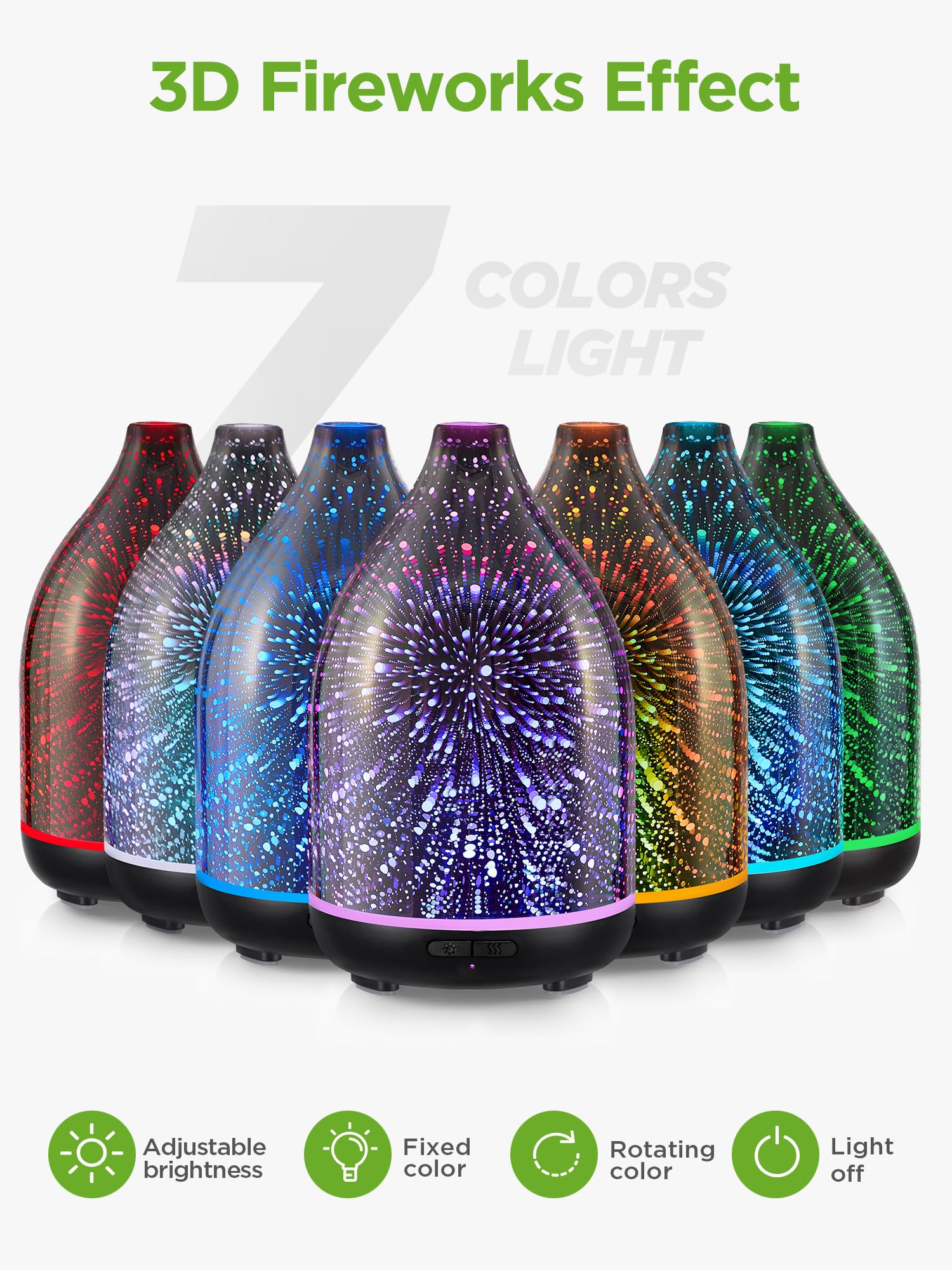 InnoGear essential oil diffuser shows a 3D fireworks glass cover for dramatic ambience.
