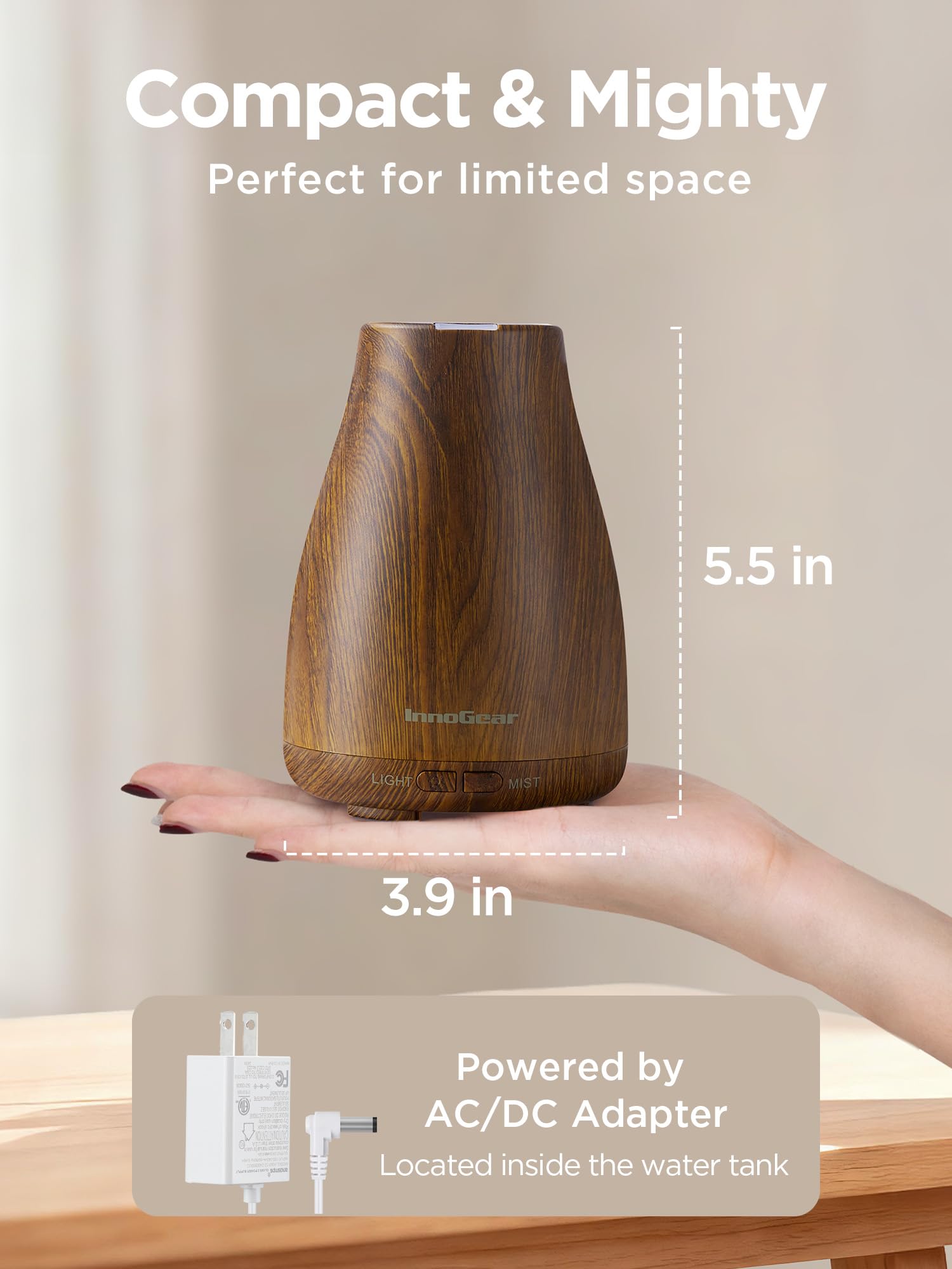 InnoGear diffuser with 7-colors LED creates customizable mood lighting and aromatherapy.