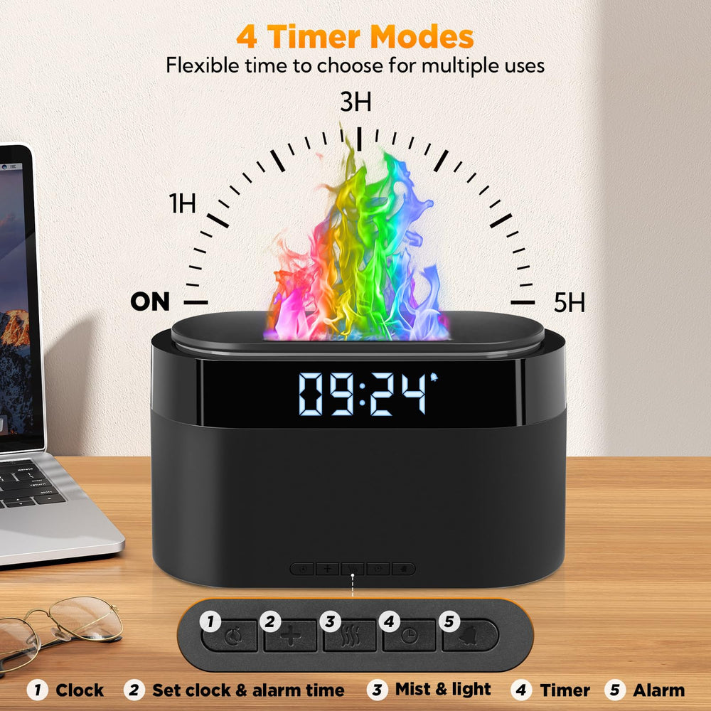 Innonew Flame Diffuser digital clock display with gentle alarm for daily routines.