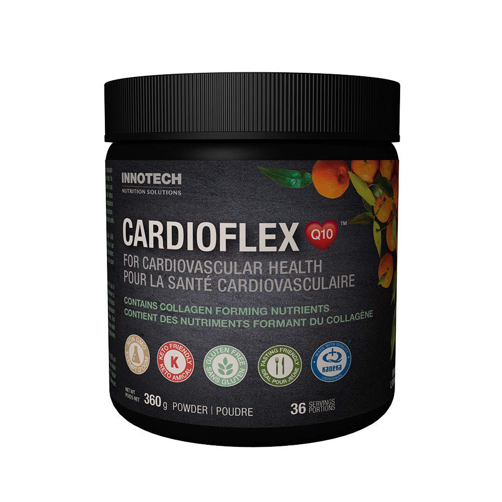 Innotech CardioFlex Q10 Orange bottle front highlighting cardiovascular support and Vitamin C