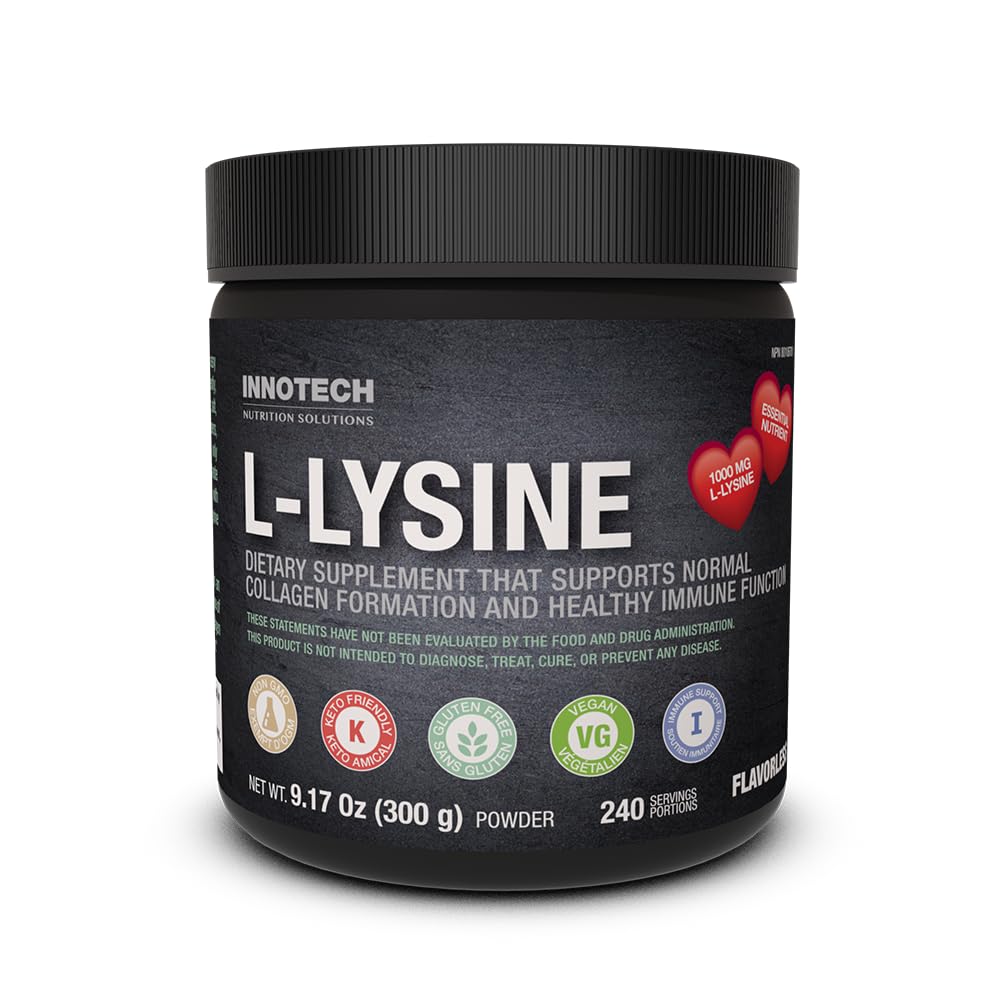 Innotech Nutrition Solutions L-Lysine powder bottle for daily protein support.