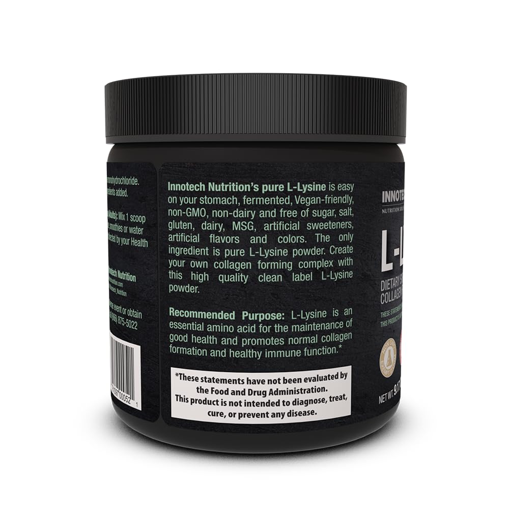 Innotech Nutrition Solutions L-Lysine powder label close-up showing purity and ingredients.