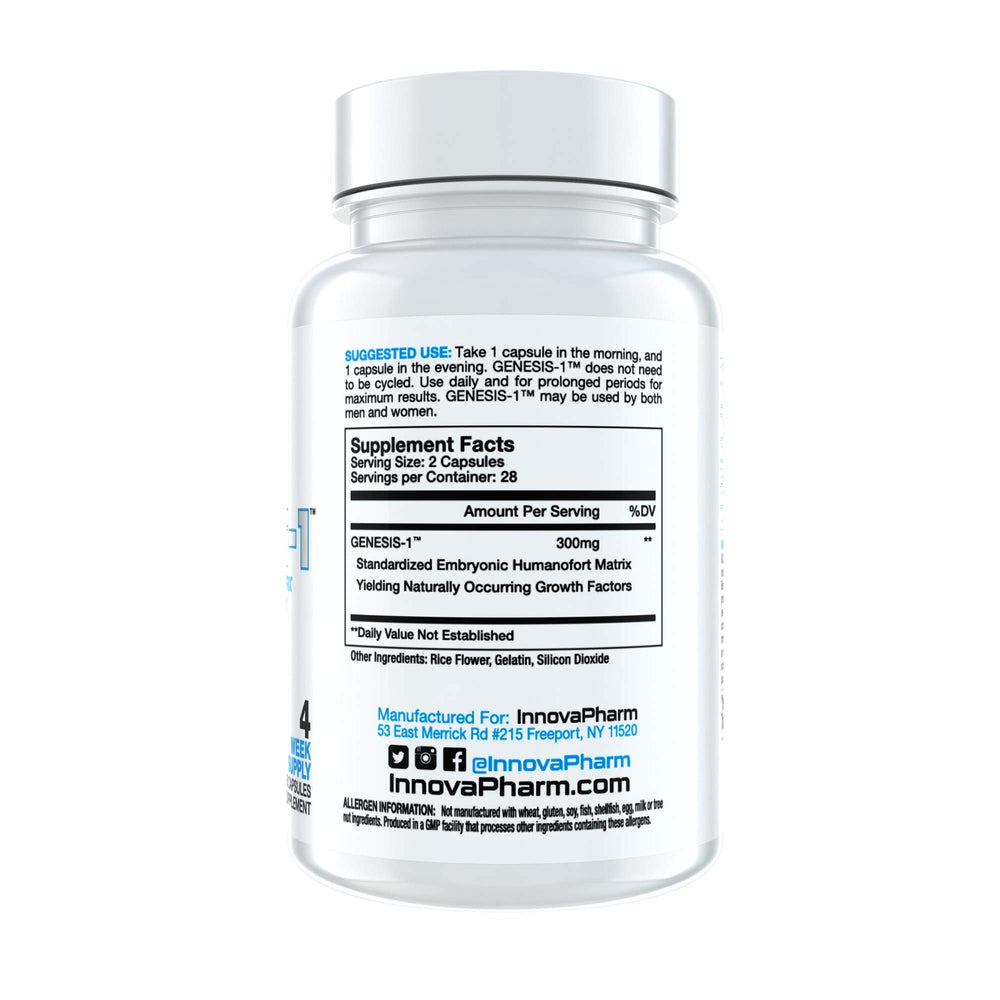 InnovaPharm GENESIS-1 bottle back showing ingredients and usage guidance