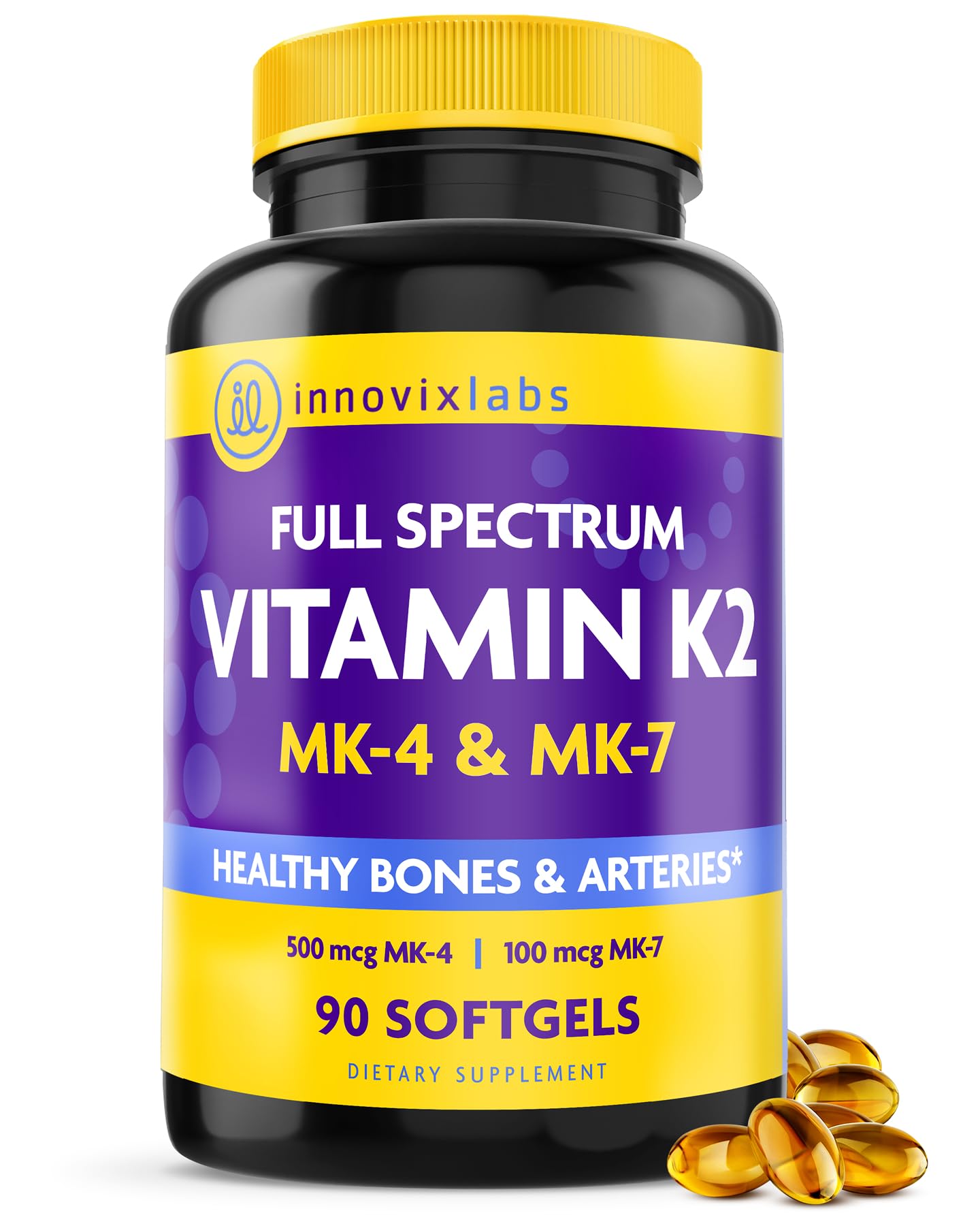 InnovixLabs full spectrum K2-90 softgels bottle showcases packaging for daily wellness support.