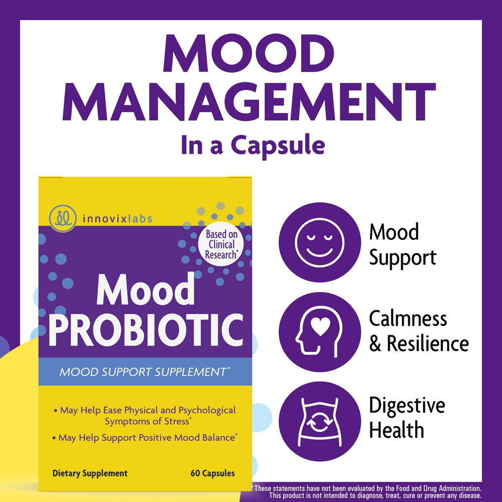 InnovixLabs Mood Probiotic bottle closeup reveals capsule texture for easy daily intake.