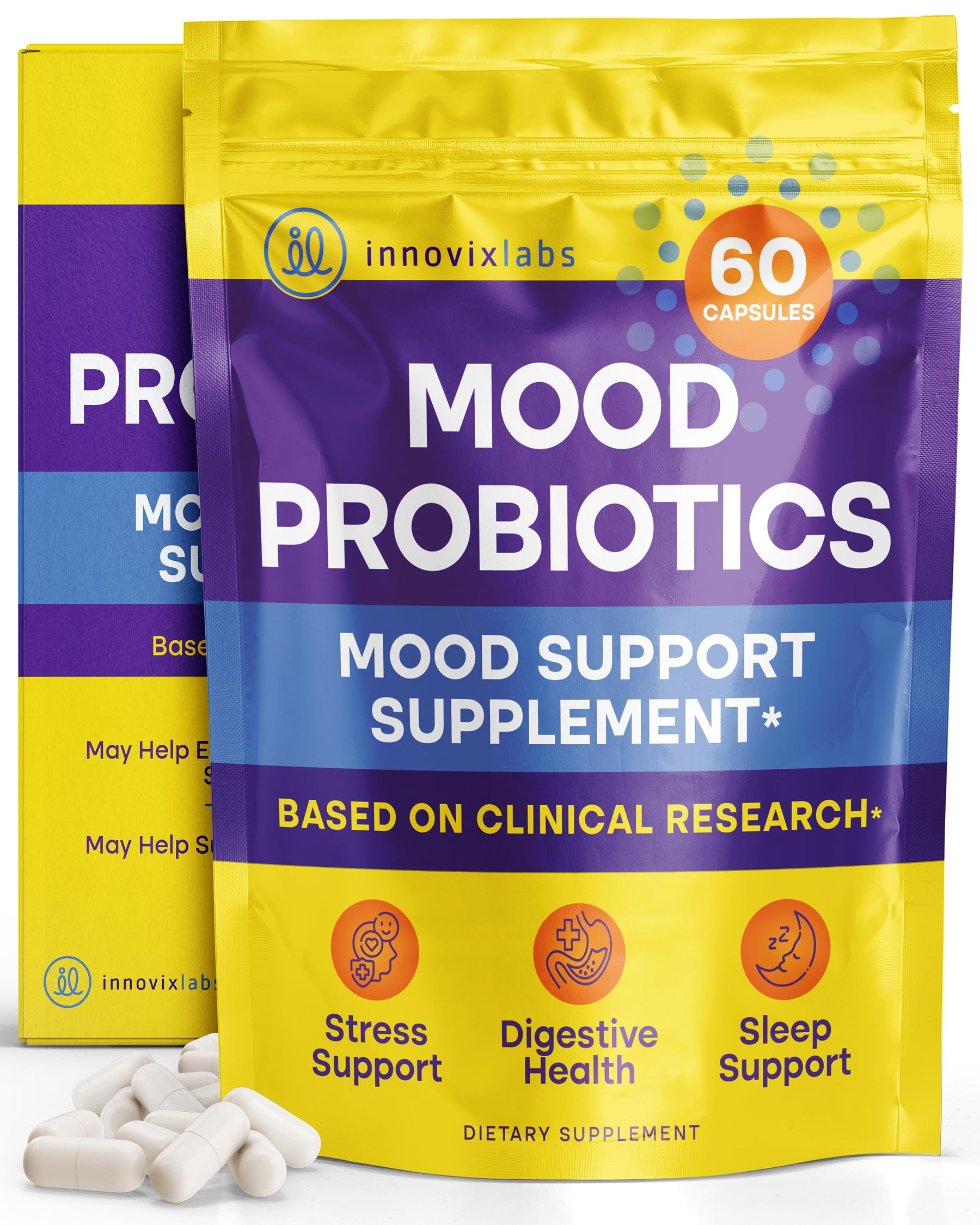 InnovixLabs Mood Probiotic bottle shows convenient daily support for digestion and mood.