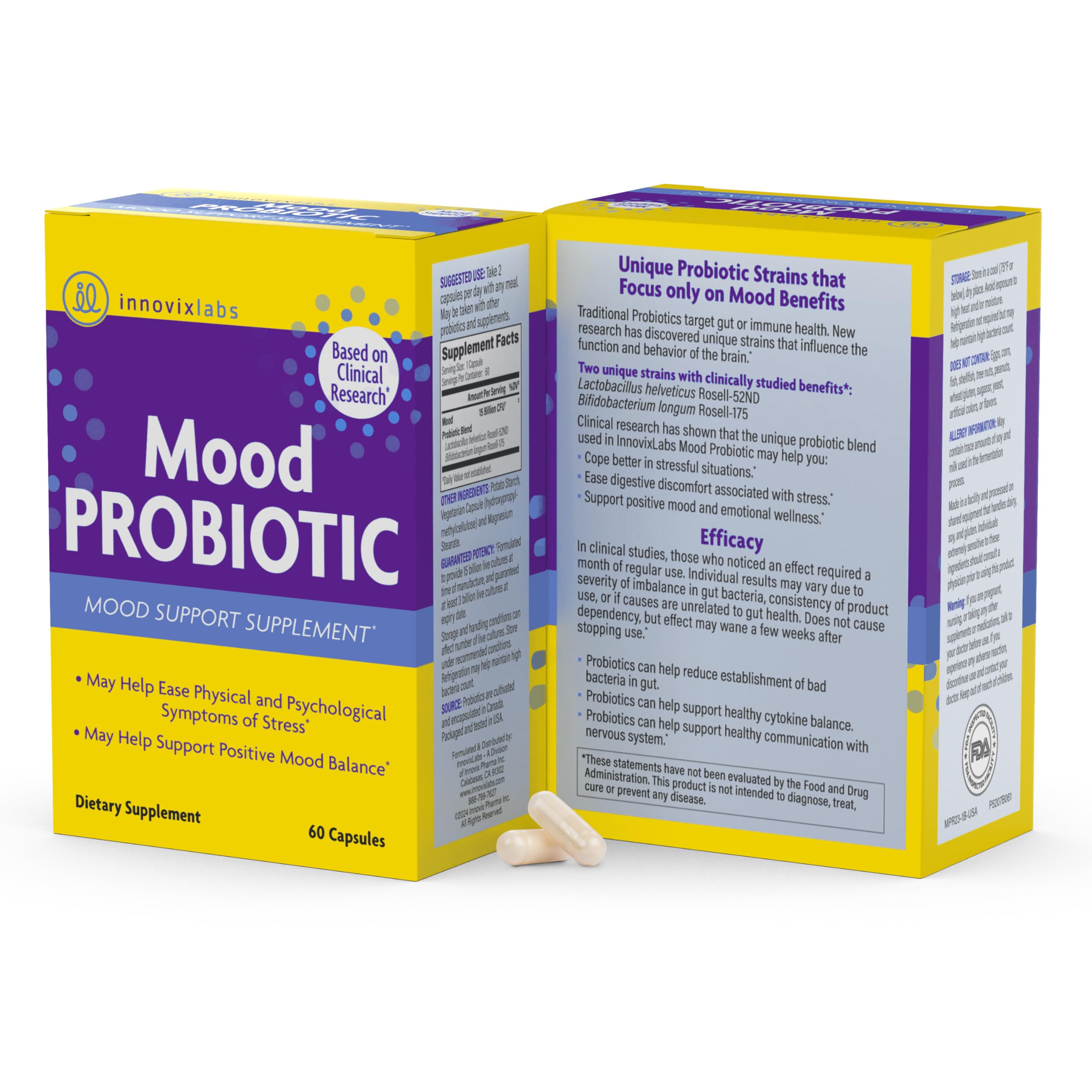 InnovixLabs Mood Probiotic third-party testing badge reinforces purity and potency.