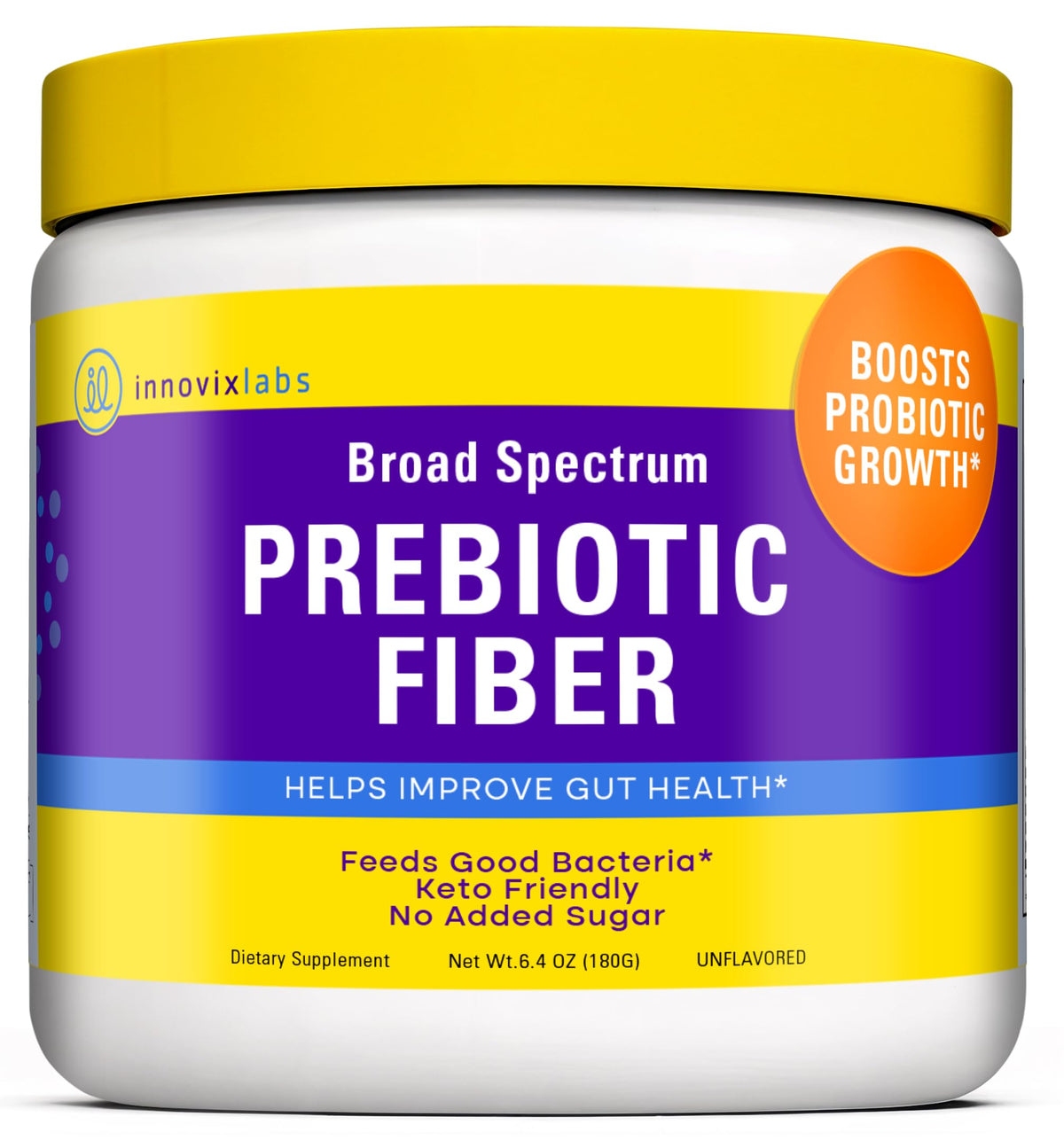 InnovixLabs prebiotic fiber powder bottle front for daily gut health support
