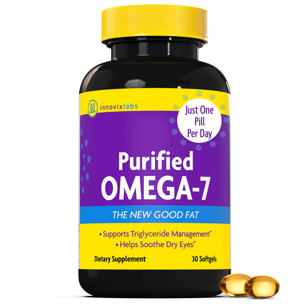 InnovixLabs Purified Omega 7 bottle on shelf, daily metabolism support.
