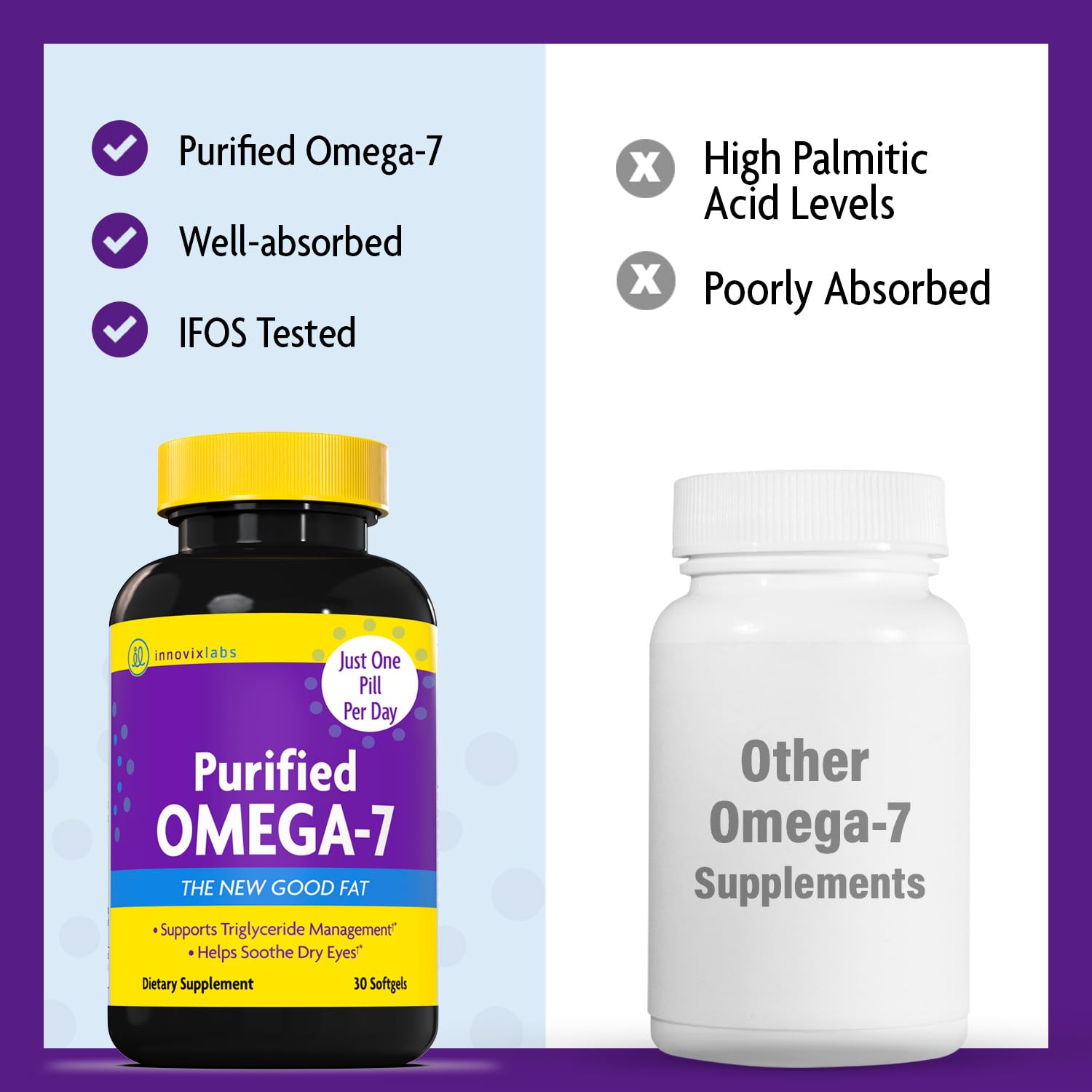 Omega 7 triglyceride softgels with no fishy aftertaste.