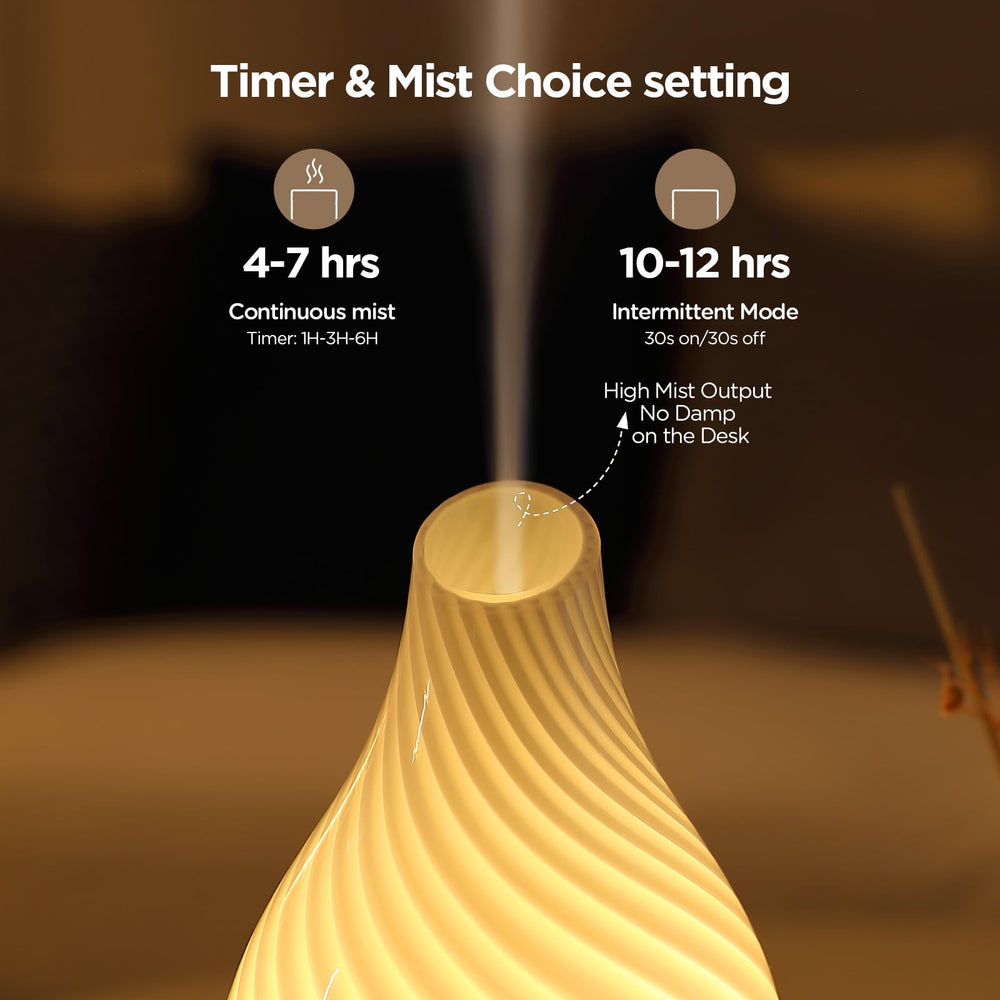 Inrorans ultrasonic diffuser with intermittent mist conserves essential oils.