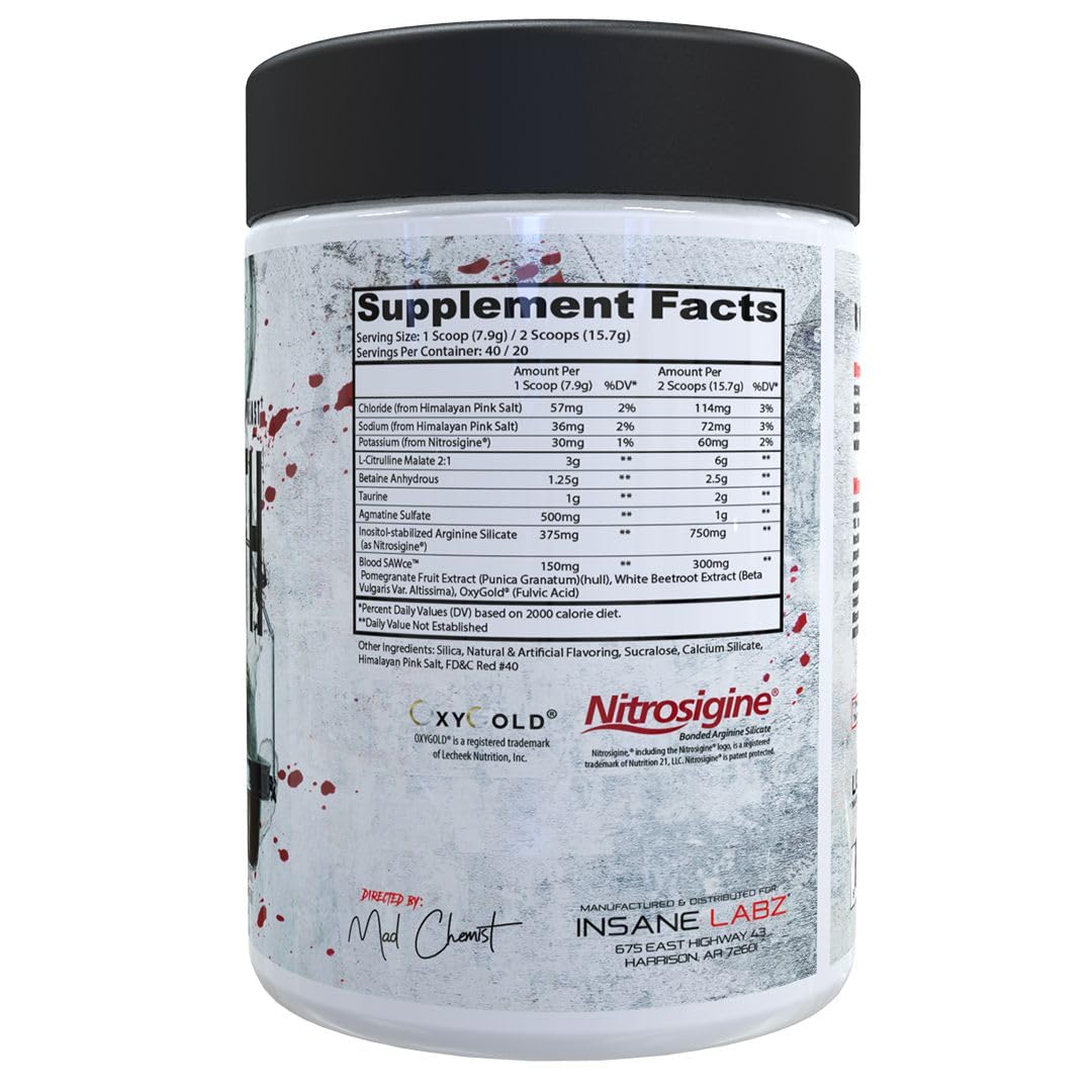 Insane Labz Bloodbath label image: pump-focused formulation and hydration-friendly dosing.