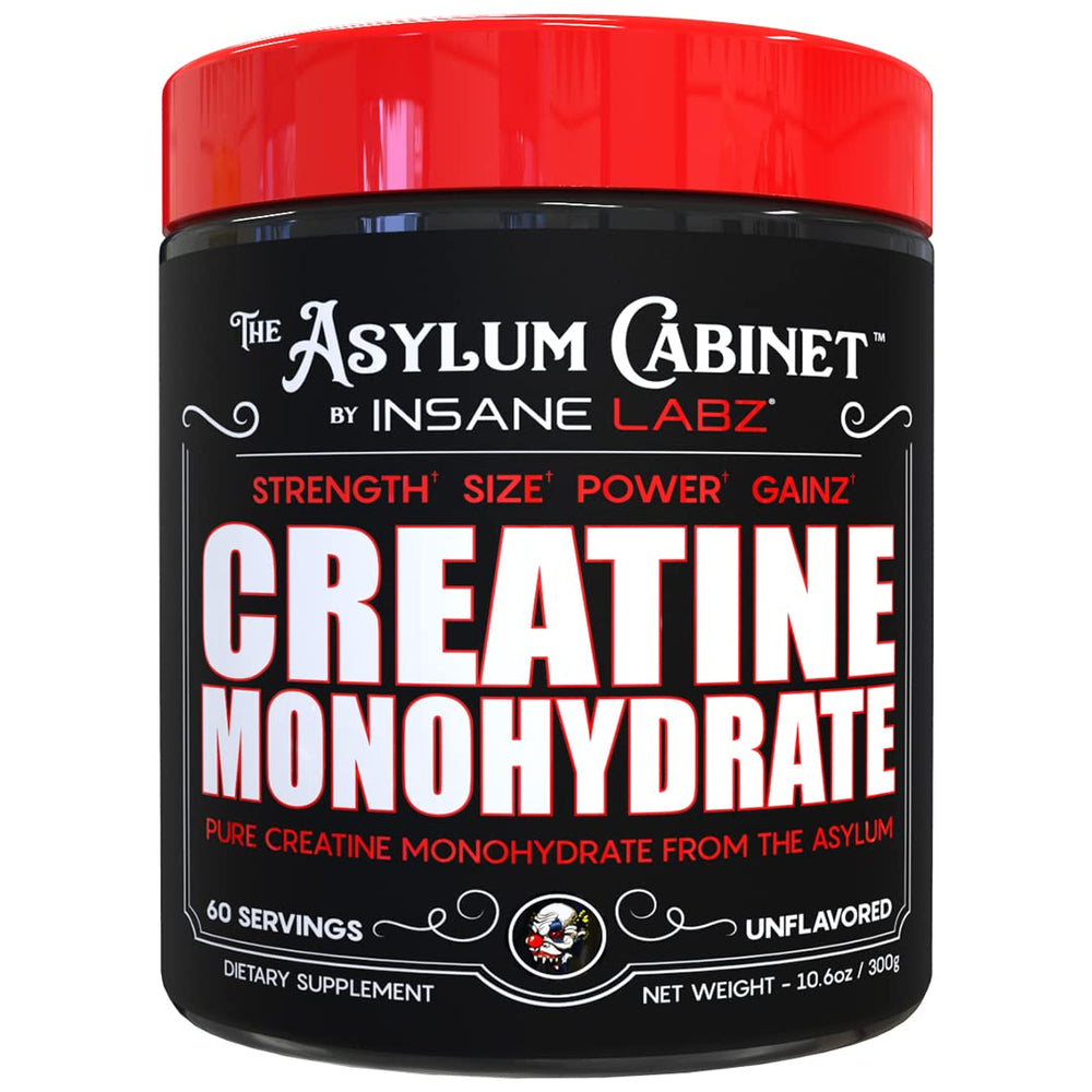 Insane Labz Insane Creatine Monohydrate powder bottle showing the neutral, unflavored formula.