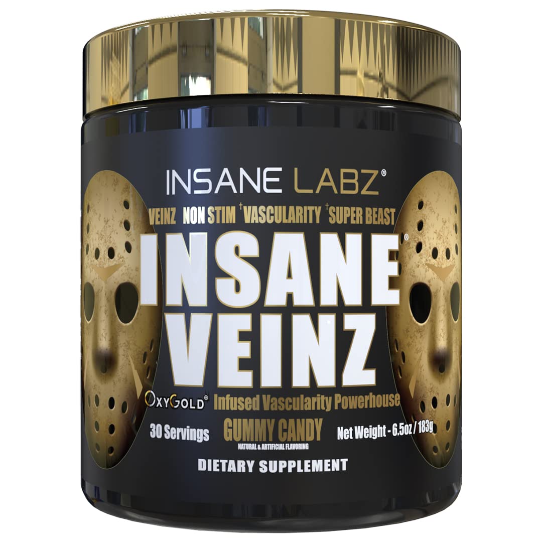 Insane Labz Insane Veinz Gold bottle front view promotes vascularity with non-stimulant formula.