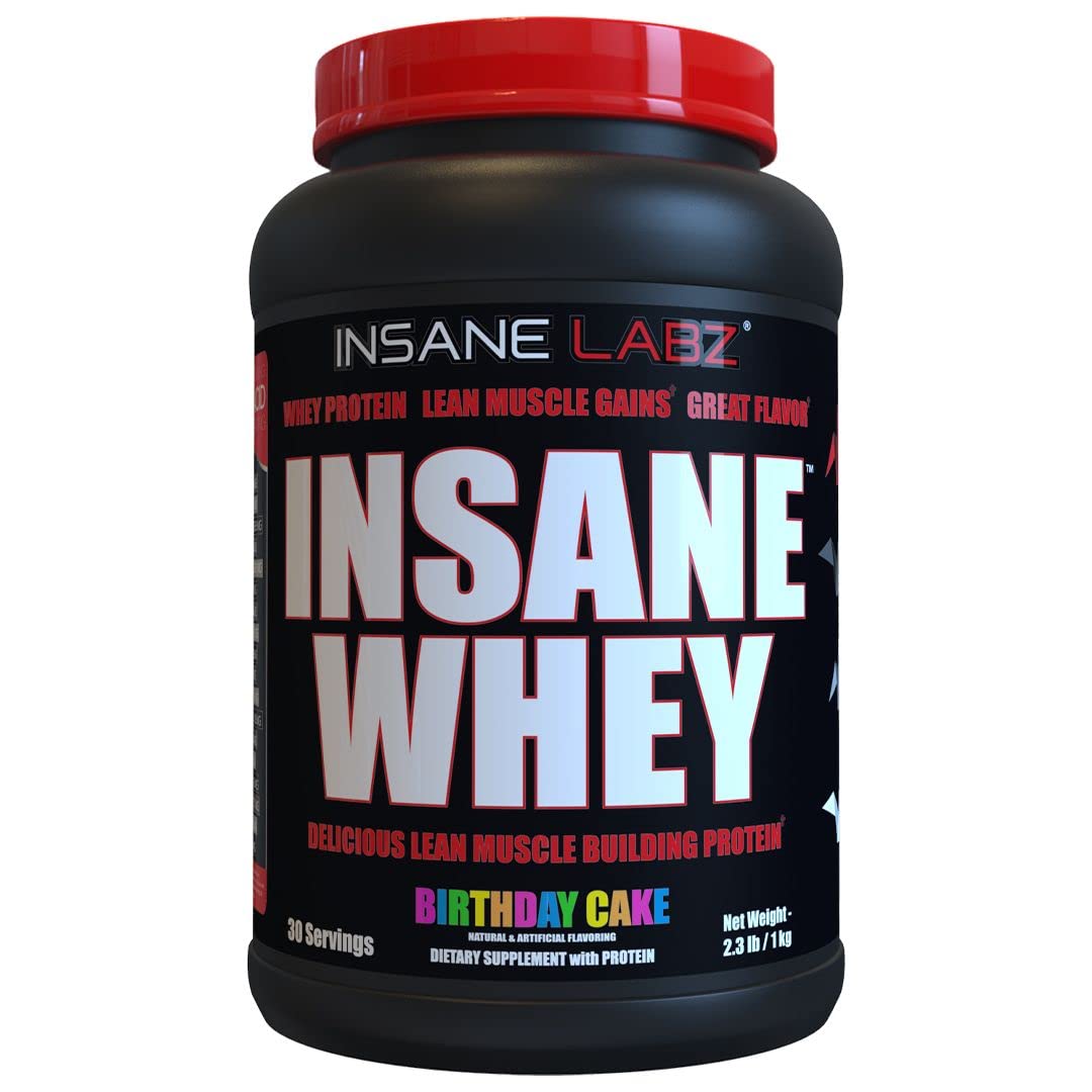 Insane Labz Insane Whey birthday cake label highlights flavor and 25g protein per serving.