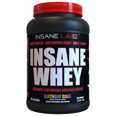 Insane Labz Insane Whey birthday cake label highlights flavor and 25g protein per serving.