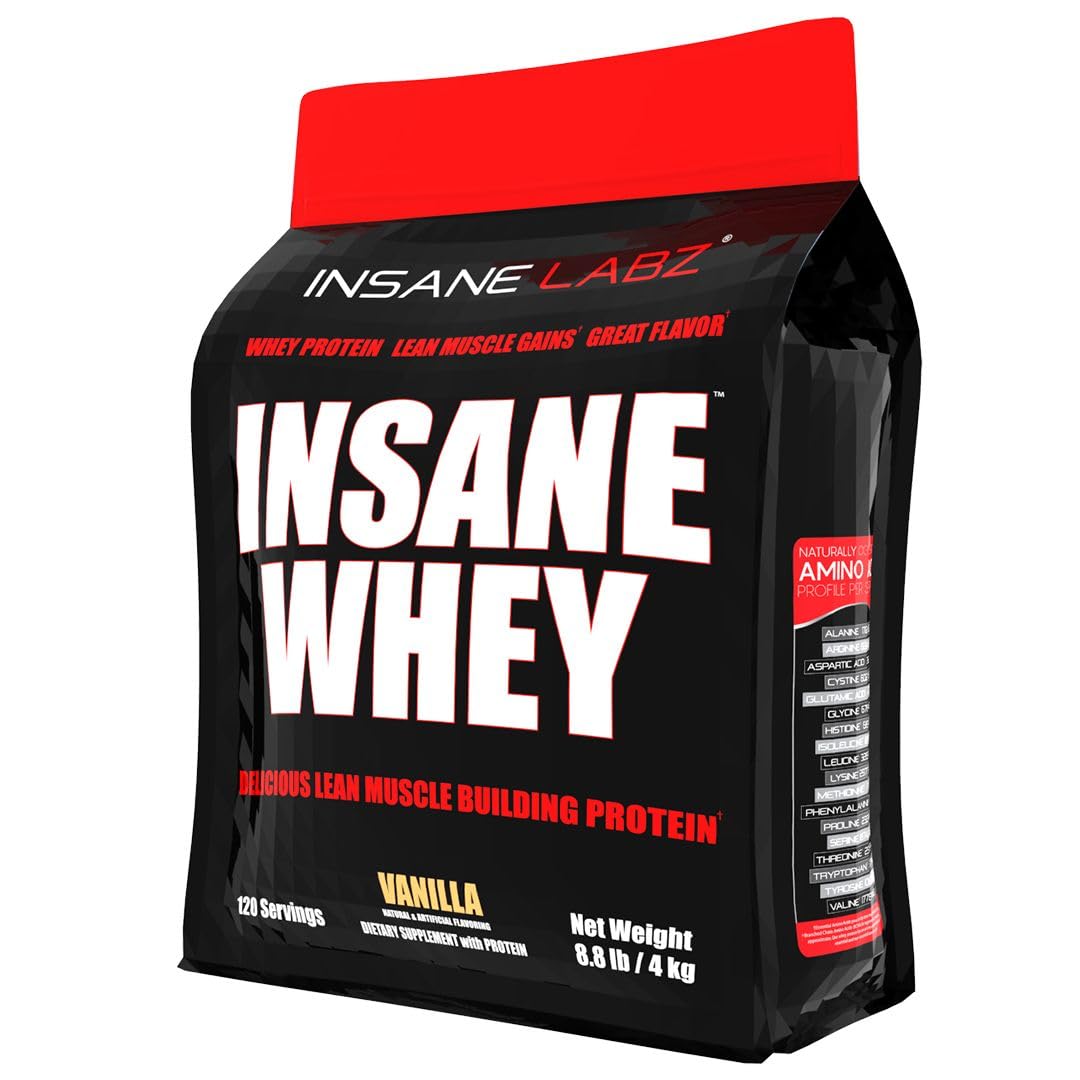 Insane Labz Insane Whey bottle in vanilla flavor for post-workout recovery.