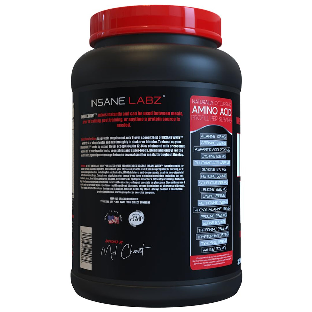 Insane Labz Insane Whey label shows rich flavor profile and high-protein formula