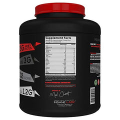Close-up of Insane Whey label highlighting high protein and flavor options.