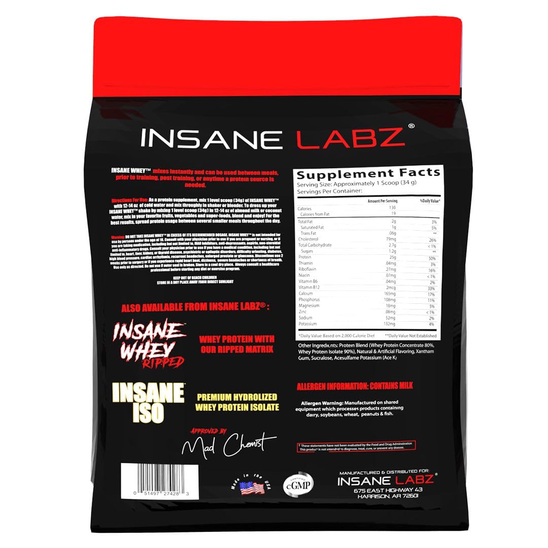 Insane Labz Insane Whey nutrition facts show low carbs and sugar.