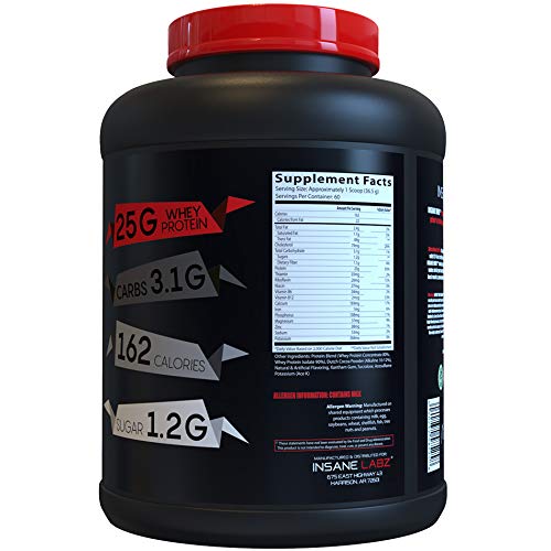 Insane Labz Insane Whey powder scoop with glass signals quick mixing.